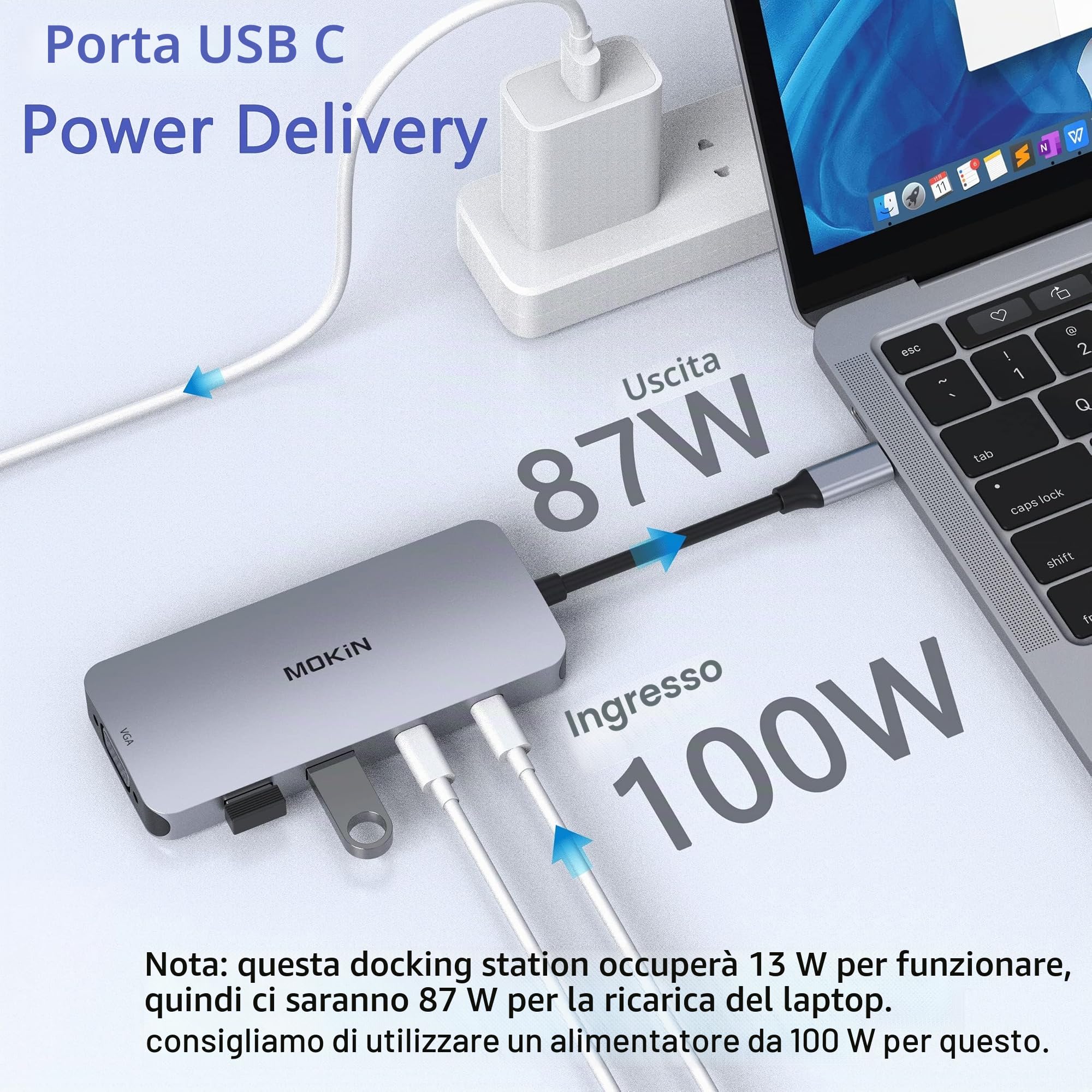 Docking Station USB C Dual Monitor 8 in 1 Con Doppio HDMI, Displayport e VGA, 100W PD, 3 Porte USB 2.0, Quadrupla Display per Dell, HP, Lenovo, ASUS, Microsoft