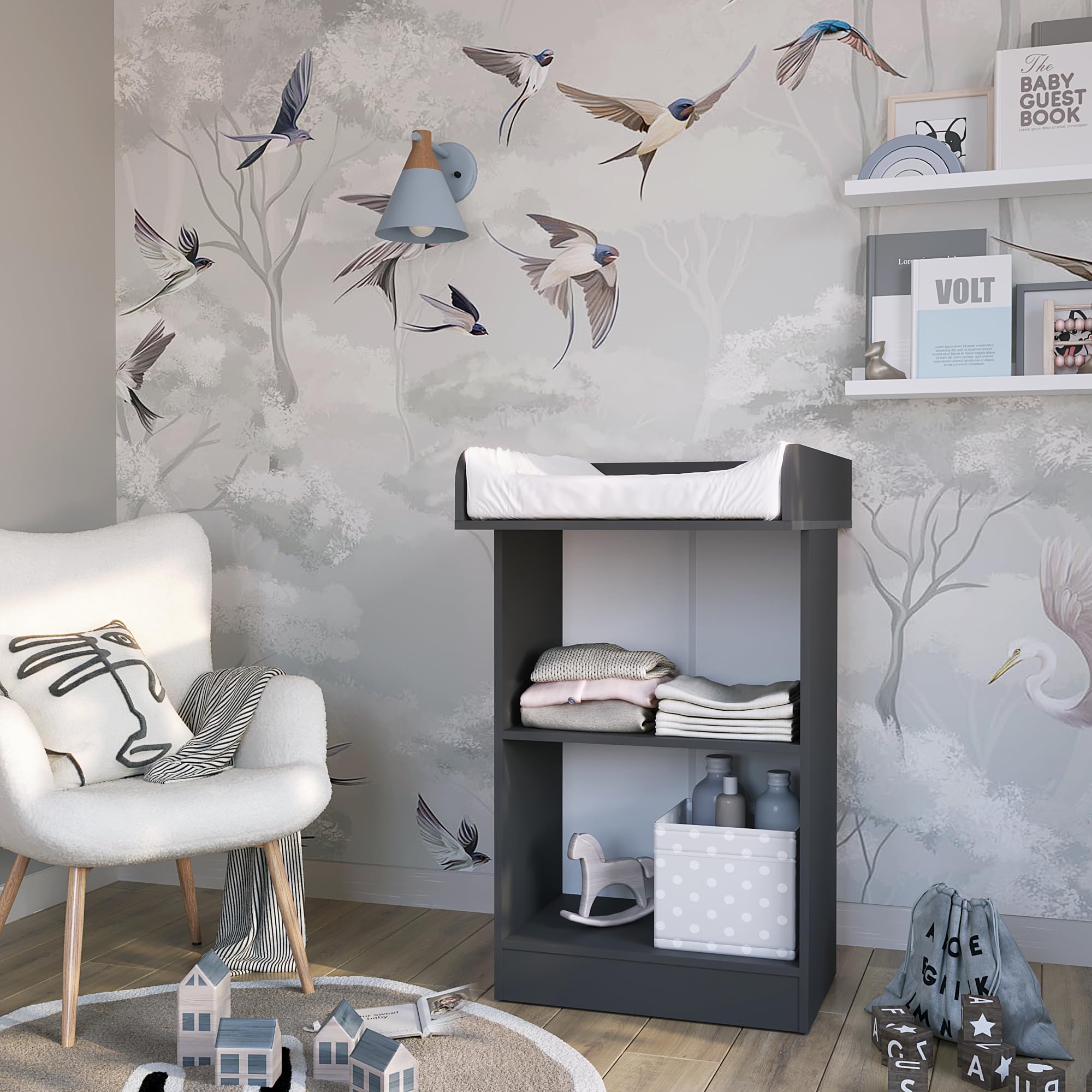 KOMTO Table à Langer Bébé Anthracite - Meuble Change compact avec plan amovible, Commode bébé avec rangement ouvert | Lulliblox M1 60,4 x 104,8 x 80,4 cm