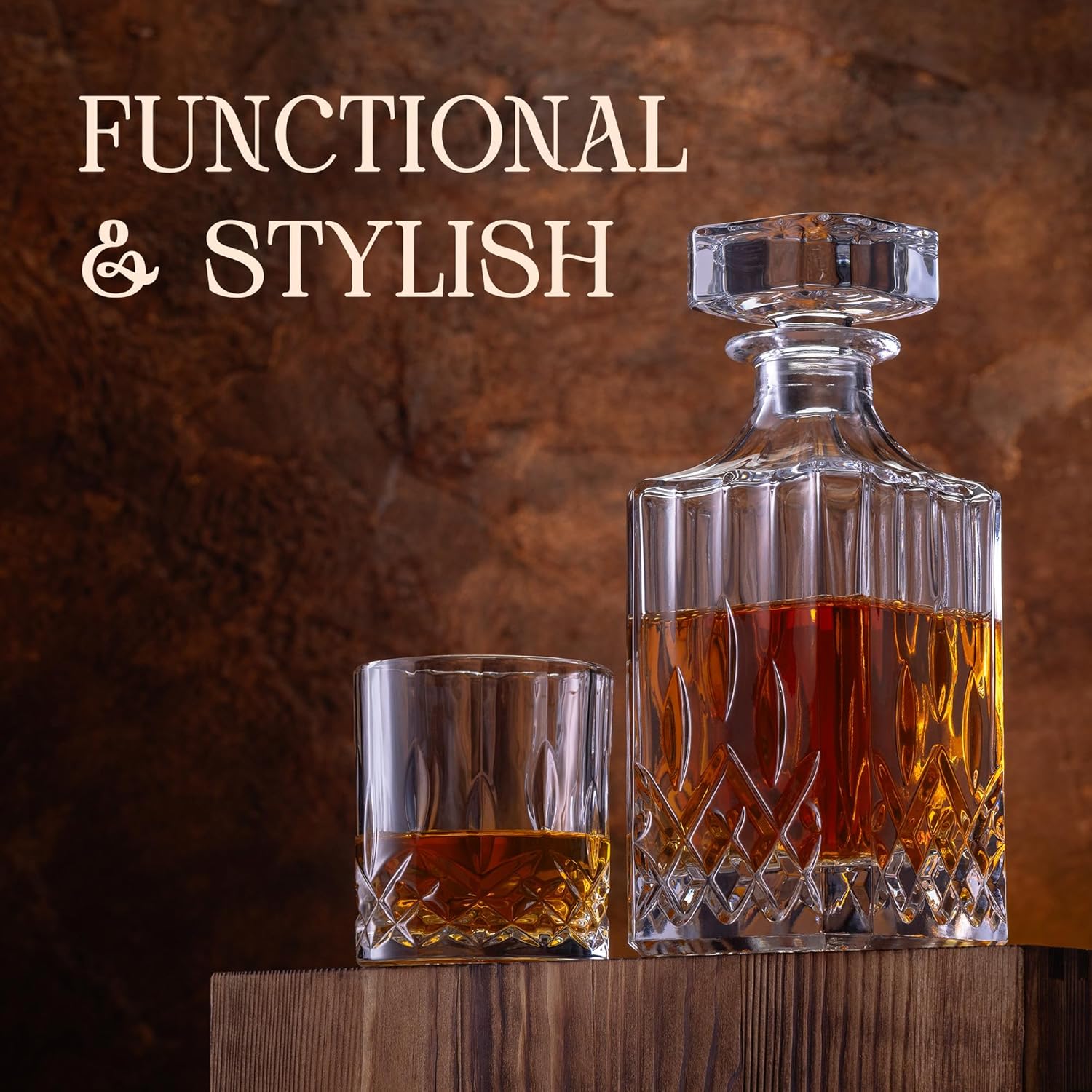 MIXOLOGY & CRAFT Whiskey Decanter Set – 10oz Crystal Whiskey Glasses, Wood Stand & 6 Granite Whiskey Stones | Premium Rocks Glasses Barware Gift for Any Occasion - Image 7