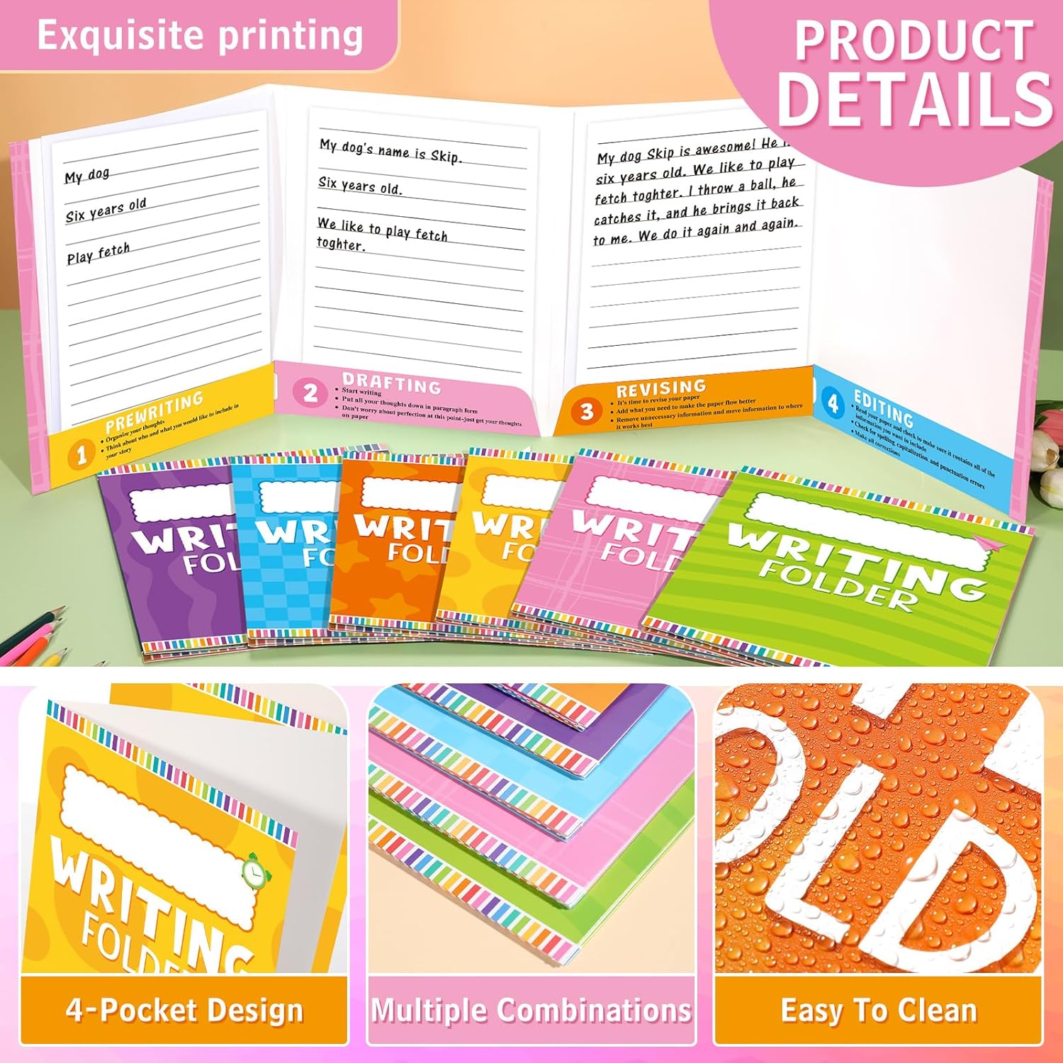 Kisston 24 Pcs Writing Folders with Pockets Bulk Writing Process 4 Pocket Folders Classroom Teaching Supplies for Students Teacher Classroom Kids (Bright Colors)