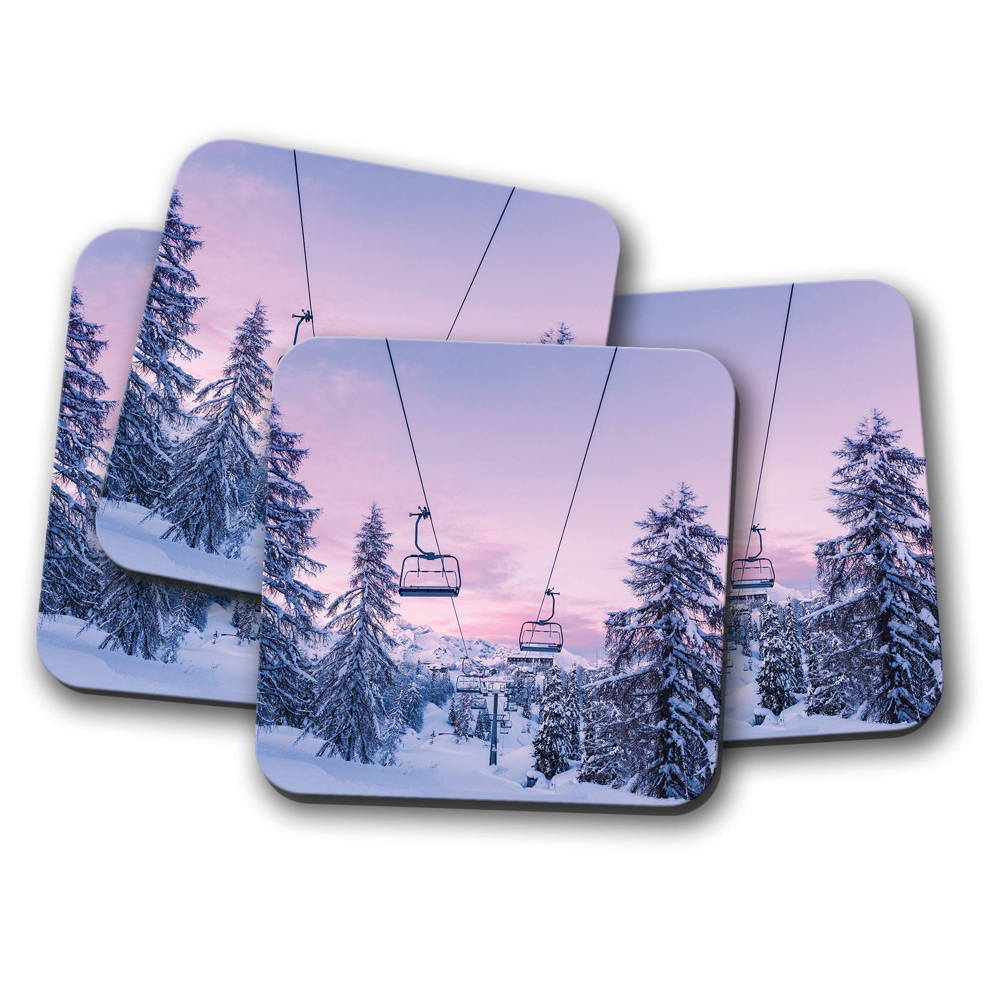 Destination Vinyl Ltd Multicolor 4 Set - Pretty Chair Lift Scene Coaster - Ski Skiing Snowboard #15929
