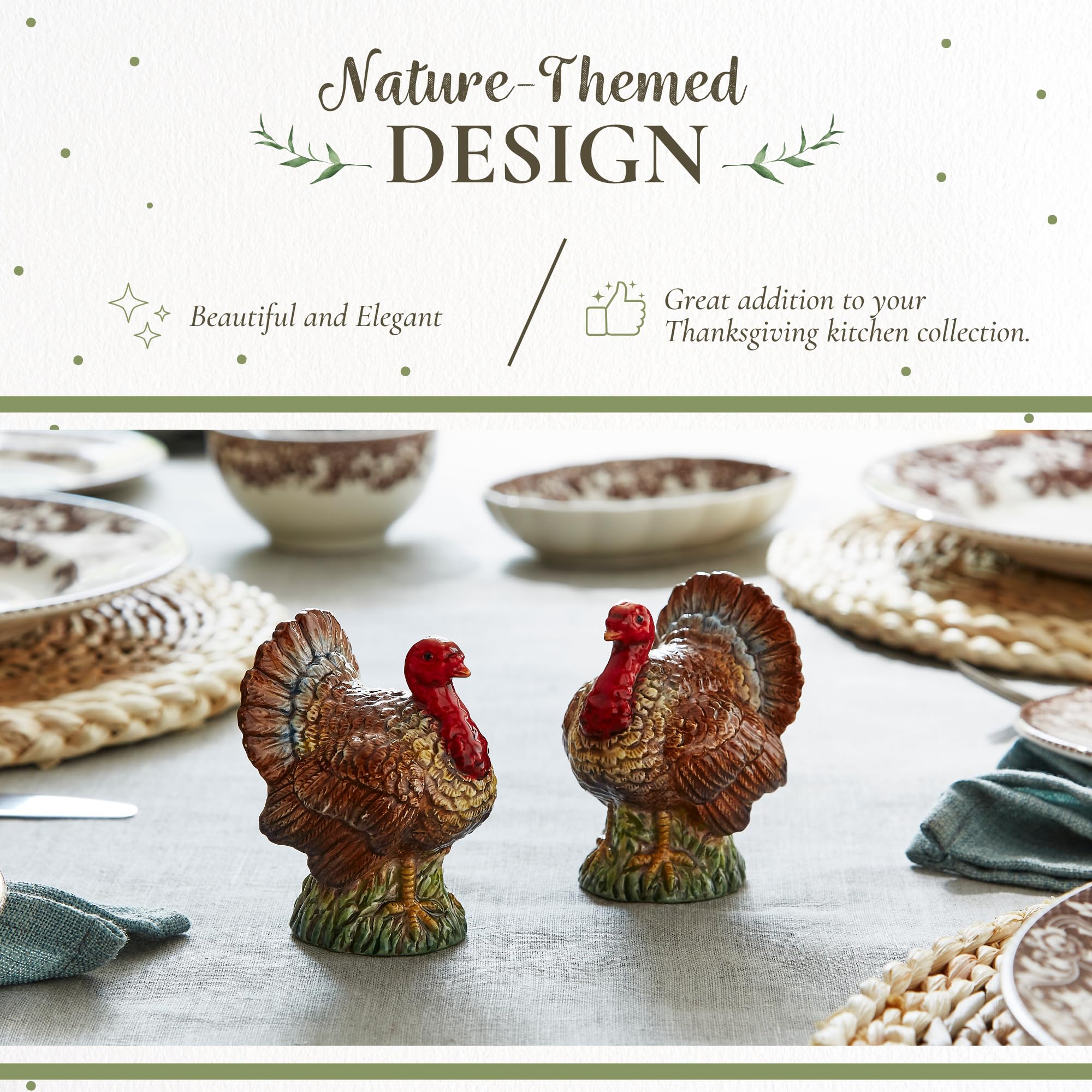 Spode Salero y pimentero en forma de pavo de 3.5 pulgadas, decoración de granja de cerámica dolomita para comedor formal, juego decorativo de sal y pimentero con tapones inferiores de fácil recarga,