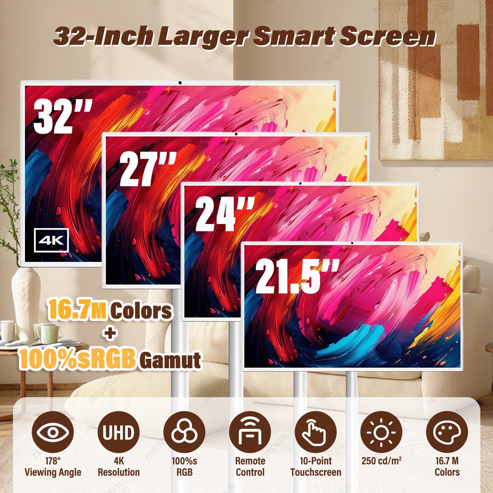 Télévision Tactile Portable 1080p/4k, TV Mobile sans Fil avec Batterie Longue Durée Et écran Rotatif, Idéale pour La Maison, Bureau Et Espace Extérieur(8+128G,32in)