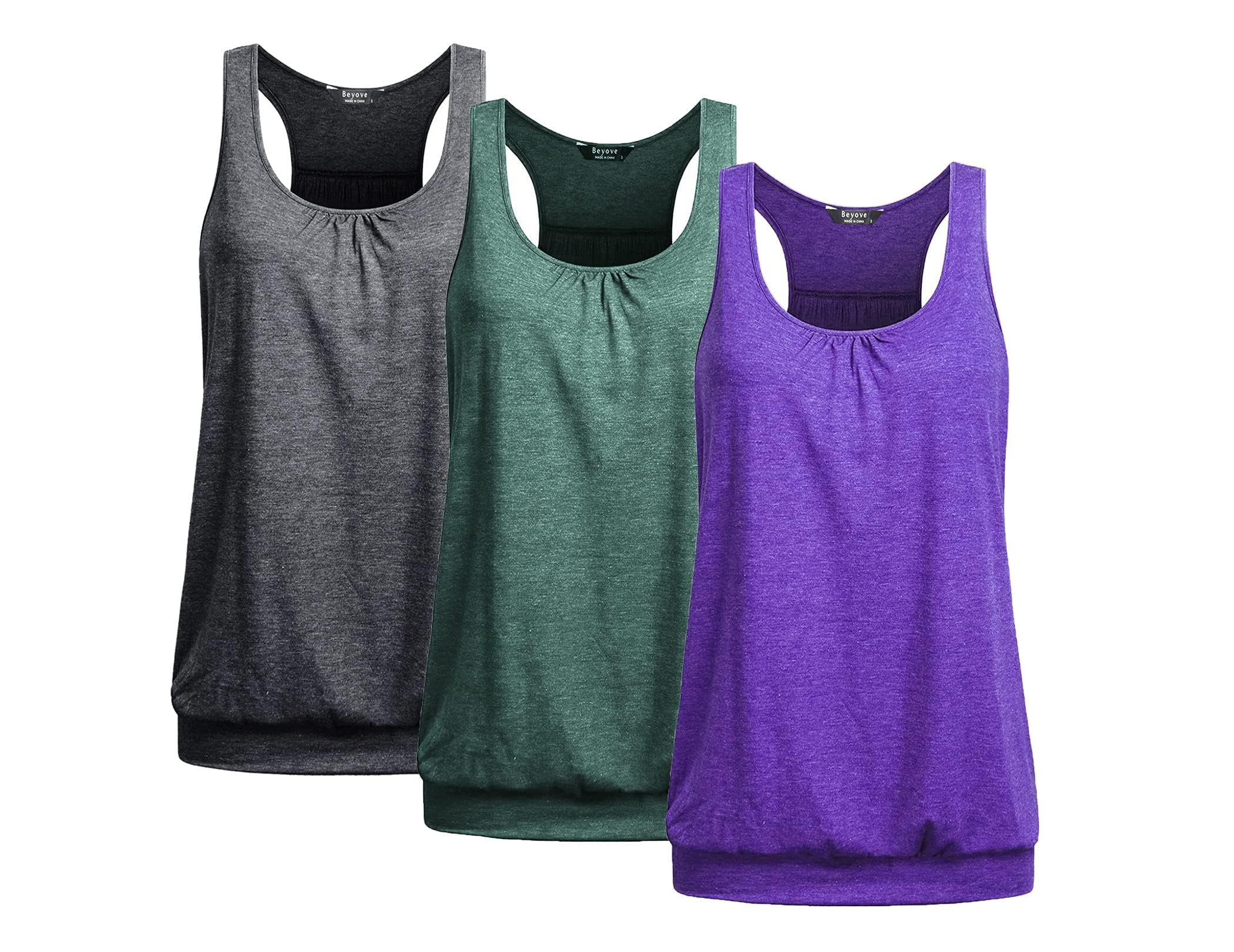 Beyove 3 Pack Banded Bottom Workout Tops for Women Tummy Flattering Yoga Tank Tops Plus Size Racerback Athletic Gym Shirts