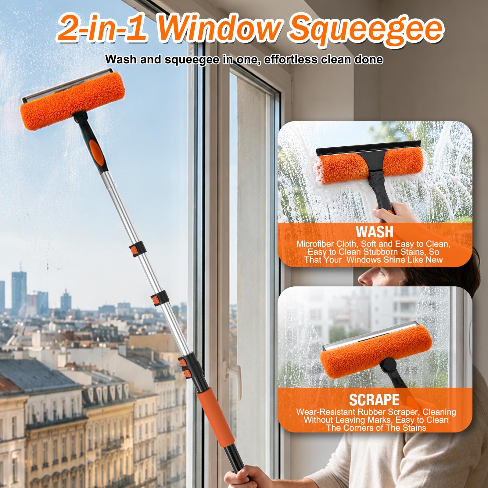 SISUPASSIE Kit per spolverare alto soffitto 9,1 m, kit per la pulizia delle finestre con asta di estensione da 2,8 a 9,5 m, spolverino per ventilatori a soffitto, piumino in microfibra, lavavetri