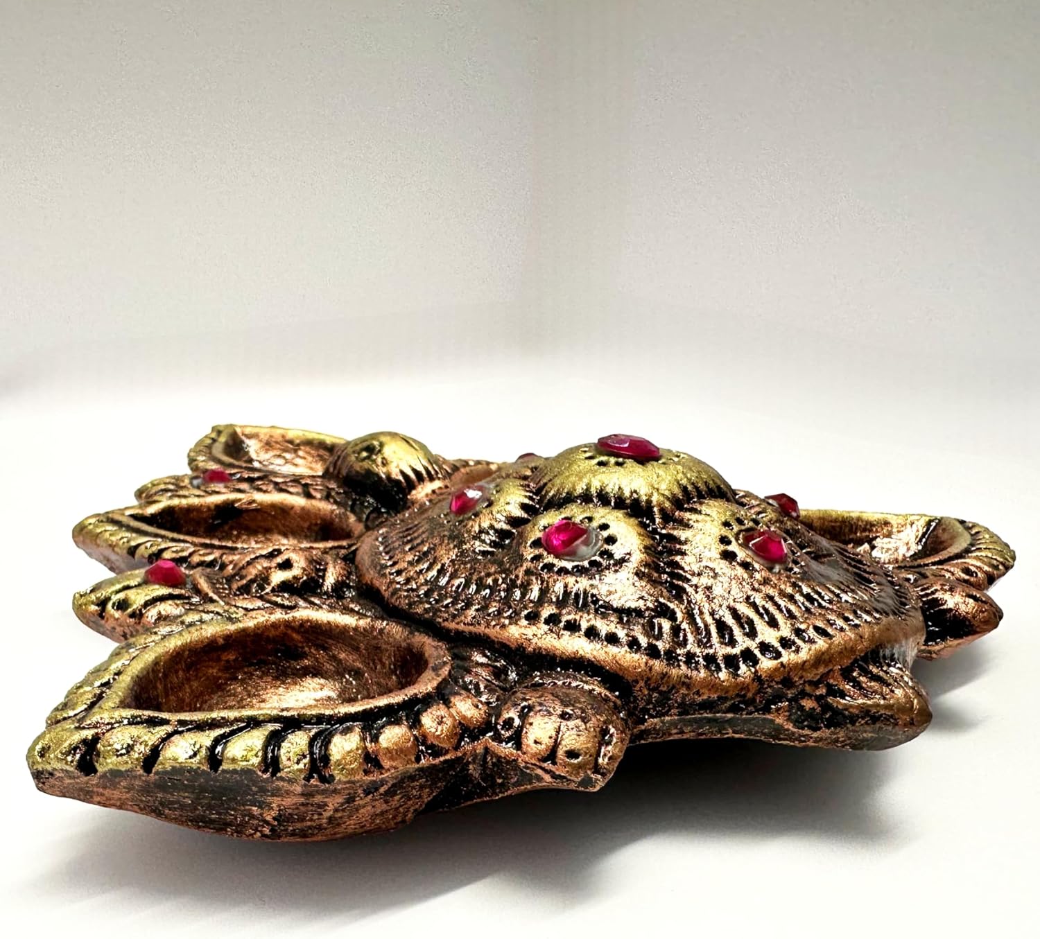 Handpainted Terracotta Diya Set: 5 Colorful Clay Diyas With Tortoise Theme in Decorative Puja Tray | Natural Mitti Set | Perfect Indian Gift for Diwali Celebrations - Golden Brown