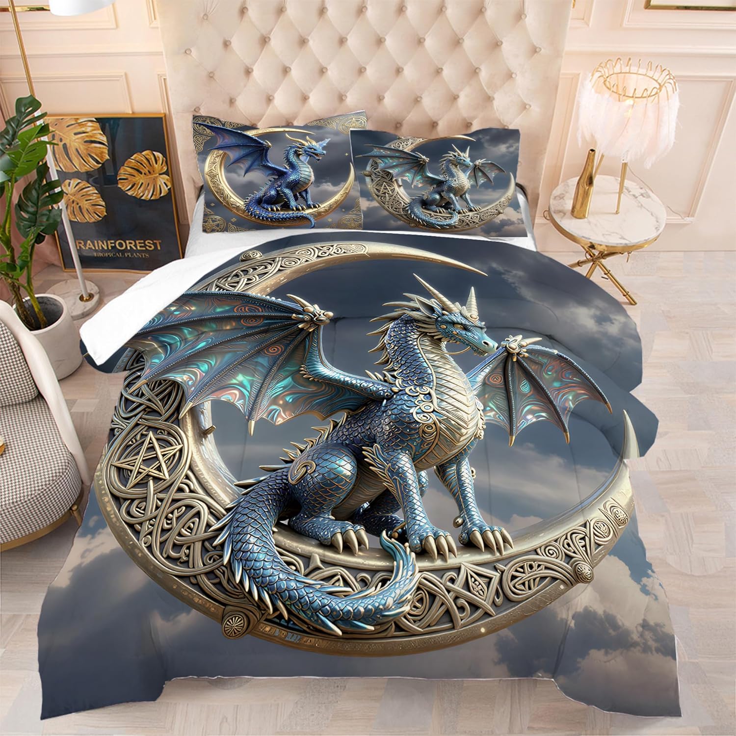 Dragon Comforter Set King Size 3D Dinosaur Bedding Set Pterosaur Quilt Bed Sets for Kids Boys Teens Bedroom Decor 1 Comforter+ 2 Pillowcases