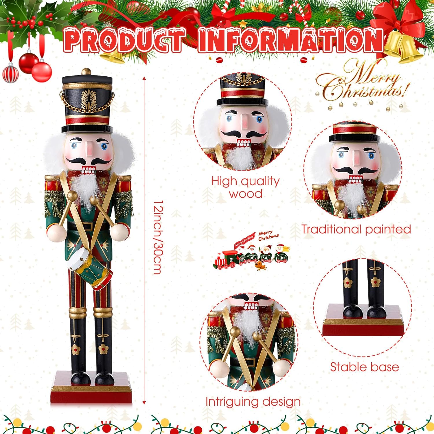 Huwena 2 Pcs Christmas Nutcracker Figure Decorations 12'' Traditional Painted Wooden Nutcracker Soldier Figure Decor Holiday Festive Party Gift for Xmas Home Office Mantel Table Decor(Drum and Horn)