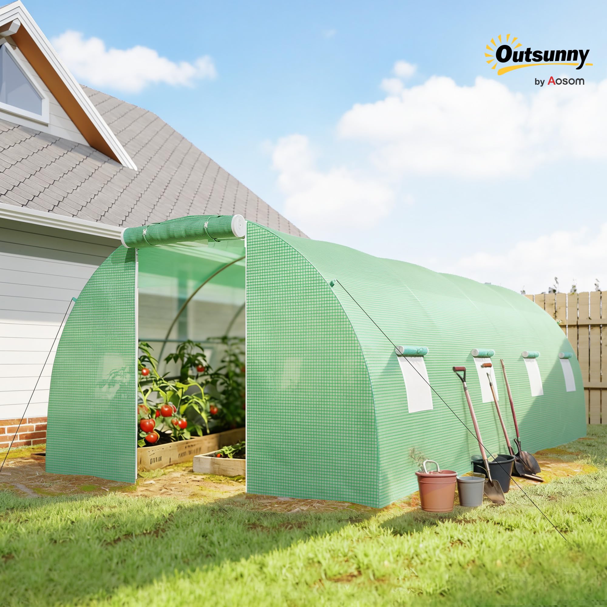 Outsunny Foliengewächshaus begehbares Polytunnel 6 x 3 m Gewächshaus mit 8 Fenster Treibhaus Frostschutz Stahlrohr Dunkelgrün