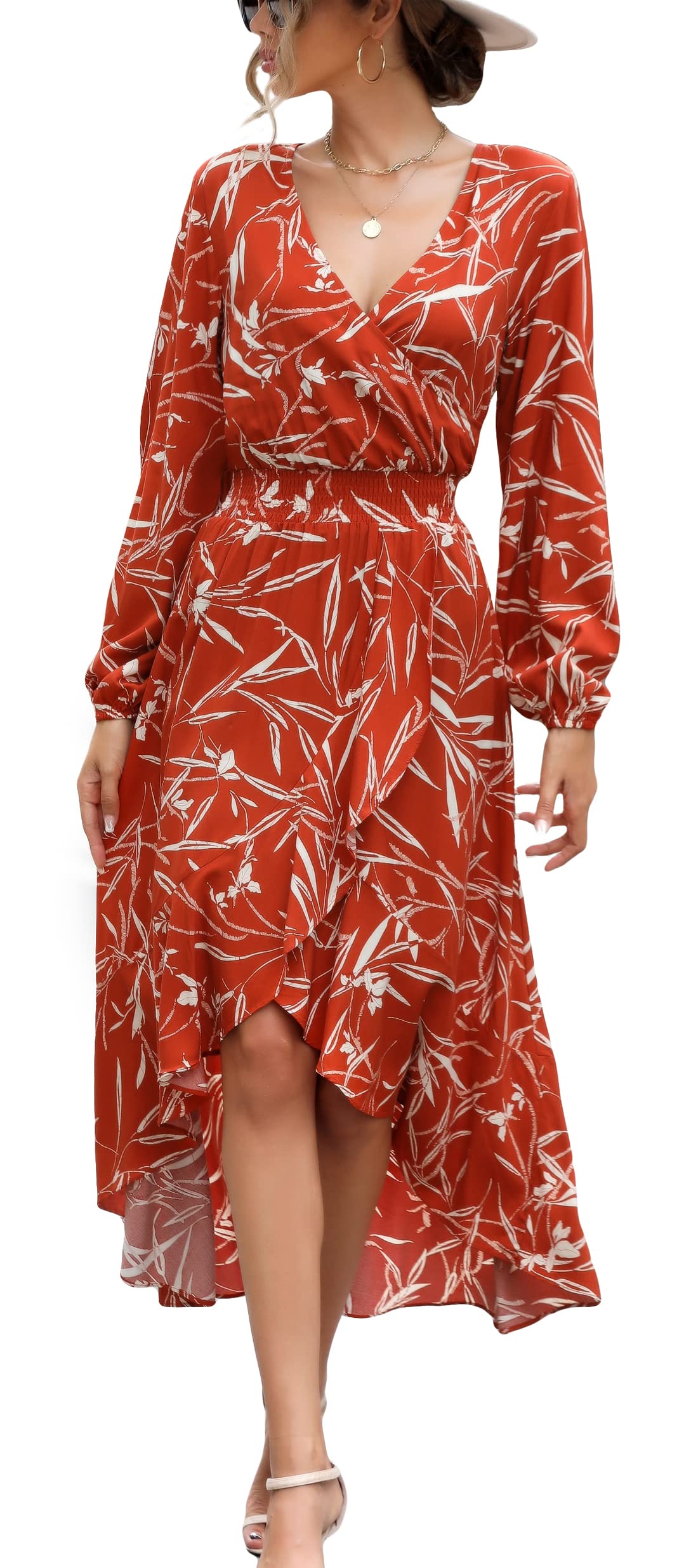 Kormei Womens Short Sleeve Floral Maxi Dress High Low V-Neck Flowy Party Long Dresses