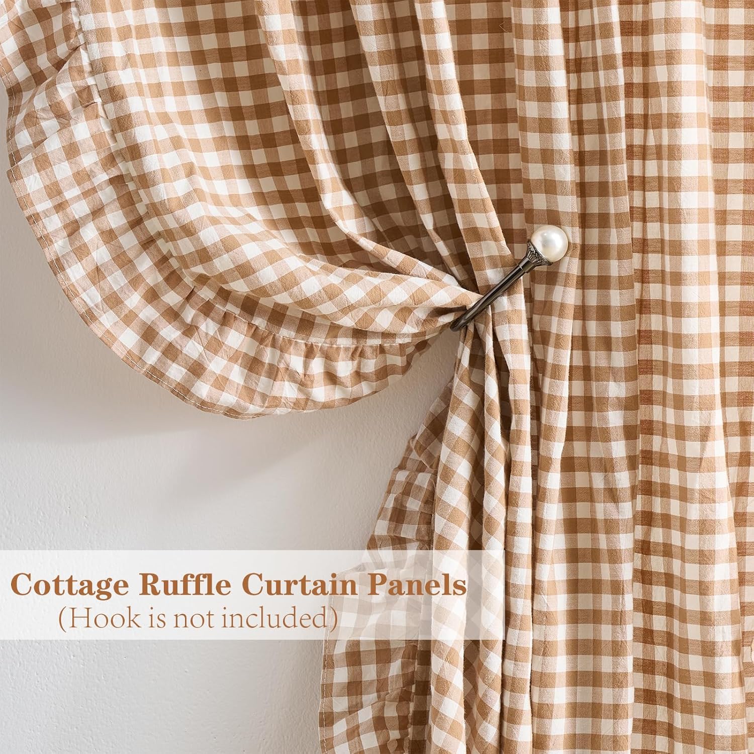Taupe White Plaid Gingham Ruffle Curtains 2 Panels, 100% Washed Cotton Drapes for Bedroom Living Room Doorway Shabby and Chic Window Treatment Rod Pocket, W52”xH84