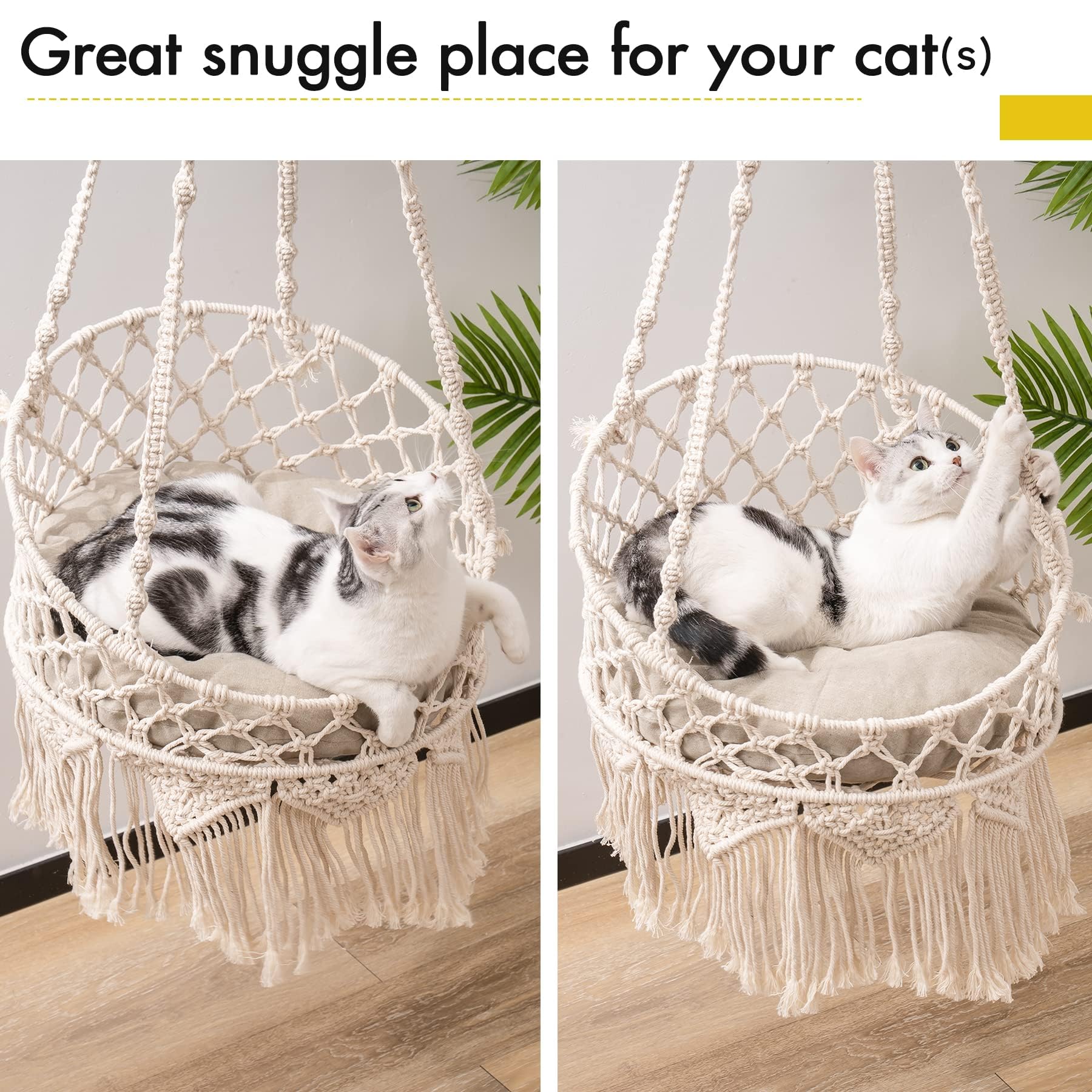 MEWOOFUN Hamaca de macramé tejida a mano, columpio bohemio para gatos de interior, cama colgante decorativa para dormir, jugar y relajarse, cama columpio para mascotas con kit para colgar (estilo 1)