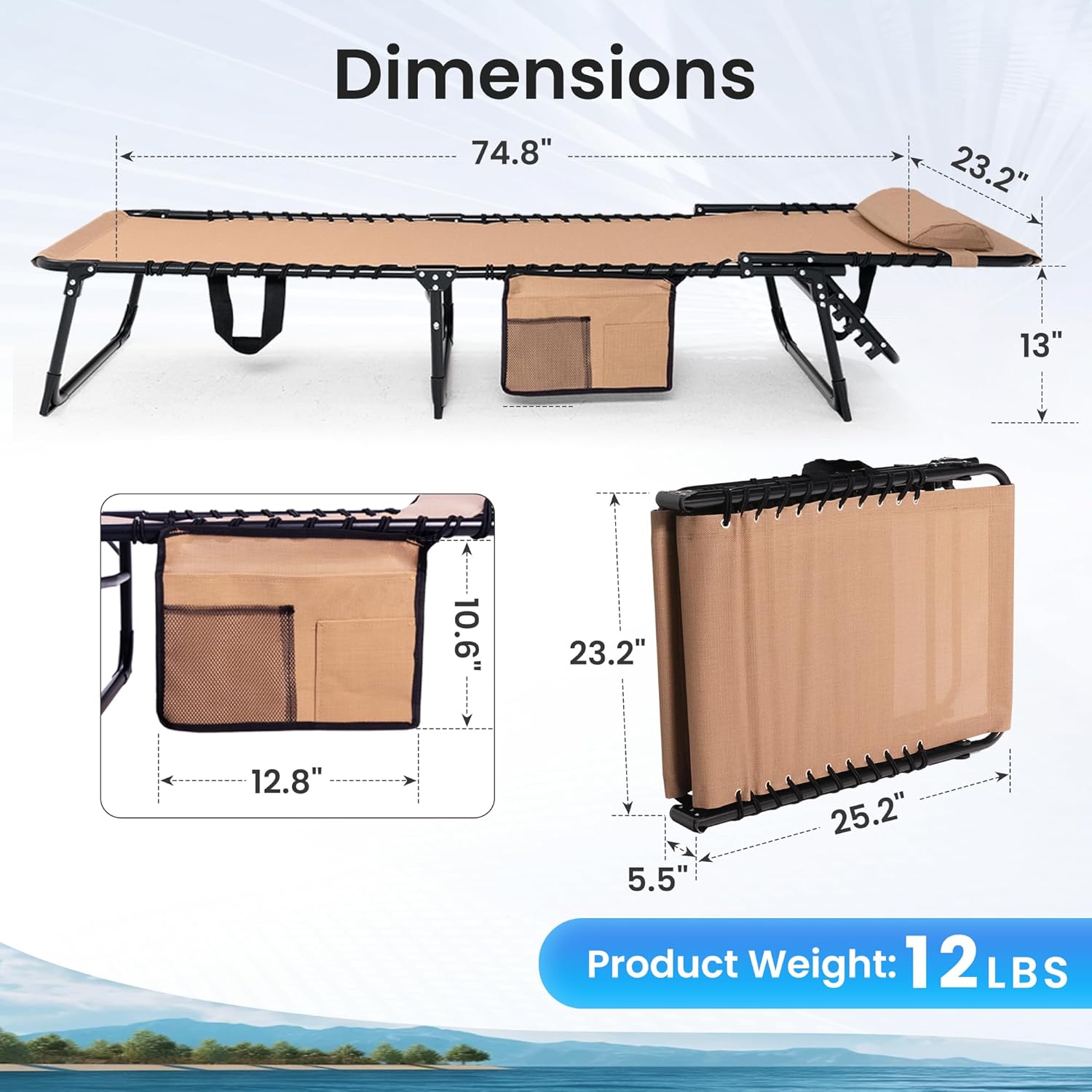 Folding Chaise Lounge Chair 2 Pack - 400lb Capacity, 5-Position Adjustable Recliner with Pillow | Portable for Patio, Pool, Camping & Sunbathing (Beige)​