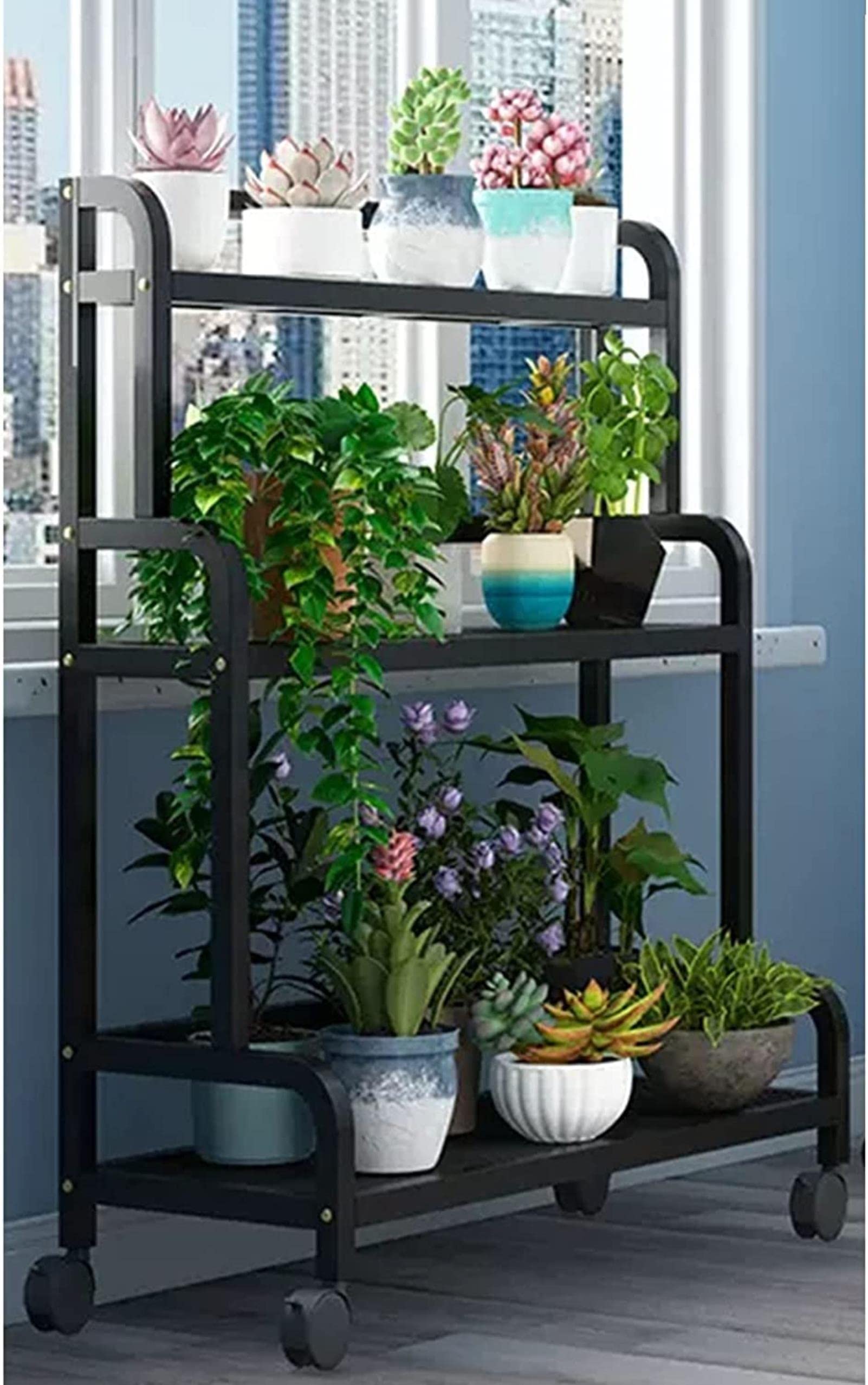 Support échelle de jardin à 3 niveaux pour bonsaï extérieur et intérieur - 107 cm de haut - Support en métal noir