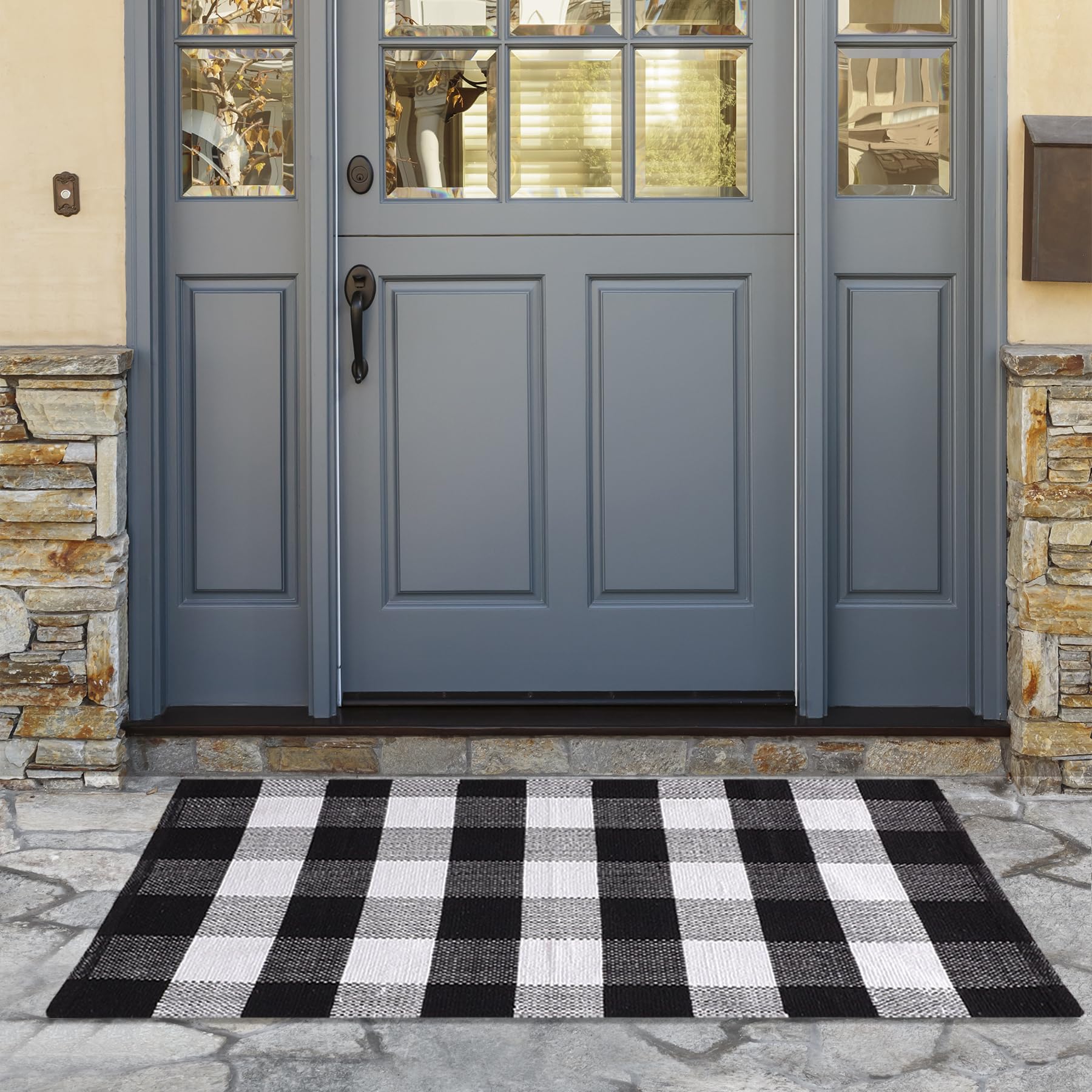 HOMEMONDE Cotton Buffalo Plaid Rug 27.5" x 43" | Black and White Checked Washable Doormat Reversible | Indoor and Outdoor Area Rug for Layered Front