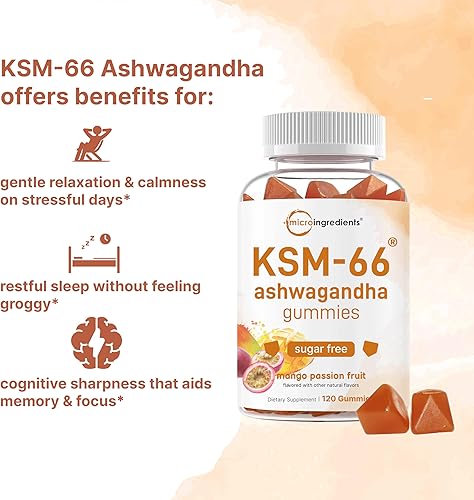 Miniatura 3 de Micro Ingredients KSM-66 Ashwagandha Gummies 300 mg, 120 unidades | Sabor de fruta de la pasión de mango sin azúcar | Potente extracto de raíz |
