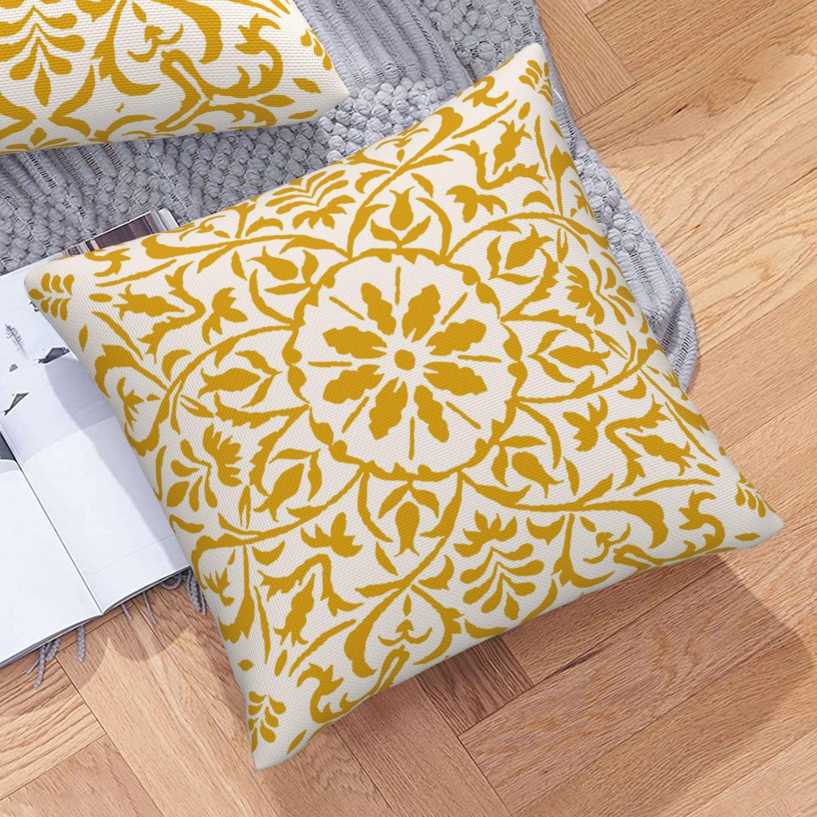 DILOXNSU Set of 2 Yellow Boho Cushion Cover 45 x 45 Bohemian Geometric Modern Decor Square Linen Pillow Case for Sofa Bed Couch Outdoor Cushions Covers 18 x 18 Inch - Image 2