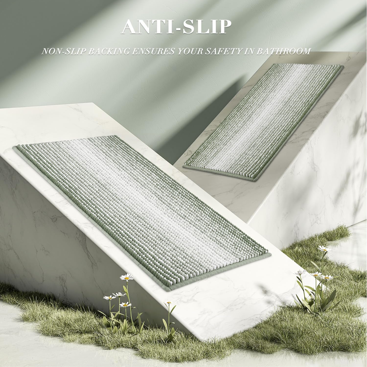 BSICPRO Bathroom Rugs and Mats Sets, 2 Piece Thick Absorbent Chenille Bath Mat Rug Set Non Slip, Soft Bath Room Floor Mats for Bathroom, Machine Washable (20" x 32" Plus 16" x 24",Greyish Green) thumbnail