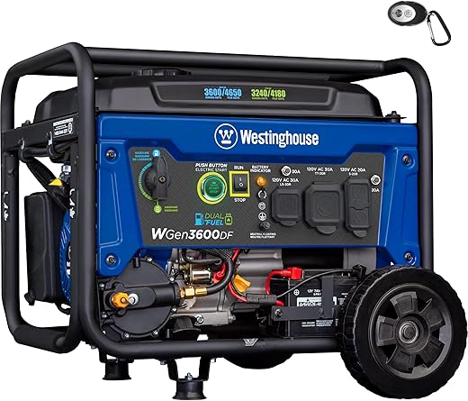 Westinghouse Outdoor Power Equipment 4650 Peak Watt Dual Fuel Portable Generator, Remote Electric Start with Auto Choke, RV Ready 30A Outlet, Gas & Propane Powered, CARB Compliant