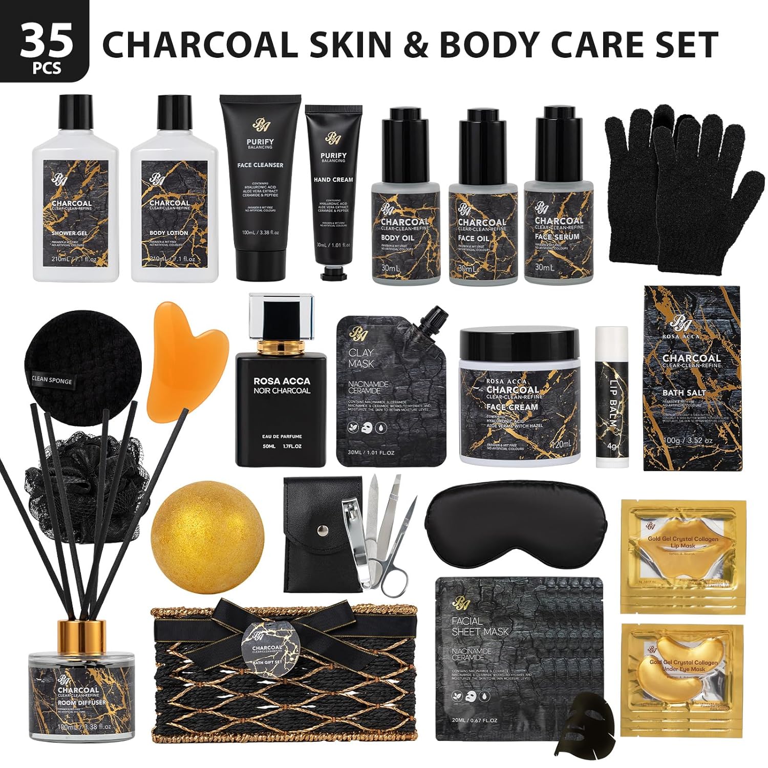 35 Pcs Valentines Day Gifts for Women & Men, Charcoal Bath & Body Gift Basket, Face Skin Care Kit, Self-Care Gift, Diffuser, Shower Gel, Massage Oil, Bath Bomb, Birthday, Christmas, Mother, Husband - Image 3