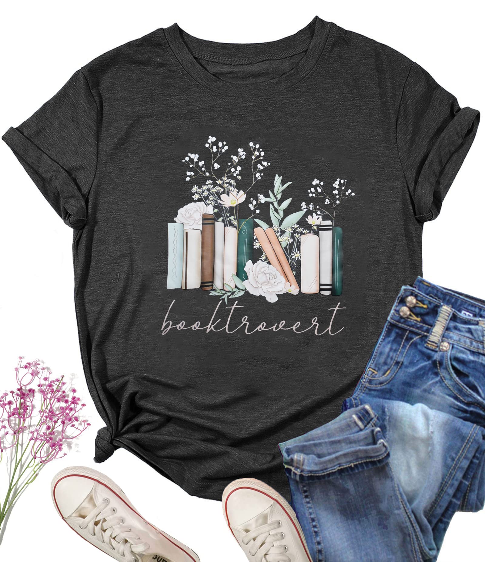 AIIWEISBooktrovert Shirt Women Book Lovers Gifts T-Shirts Funny Wildflowers Book Reading Tee Bookworm Short Sleeve Tee Top