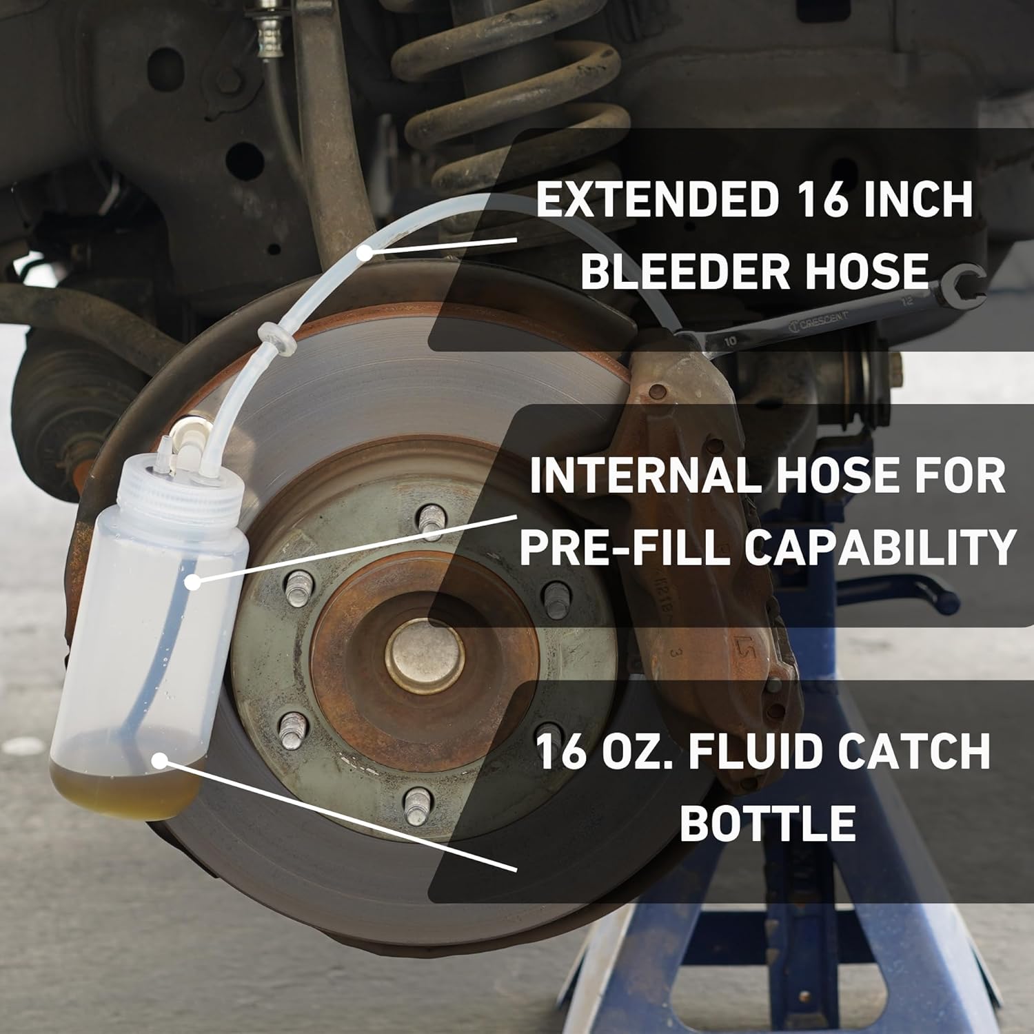 Brake Bleeder Kit - One-Way Check Valve, Magnet Mount, 16oz Catch Bottle, 16” Hose
