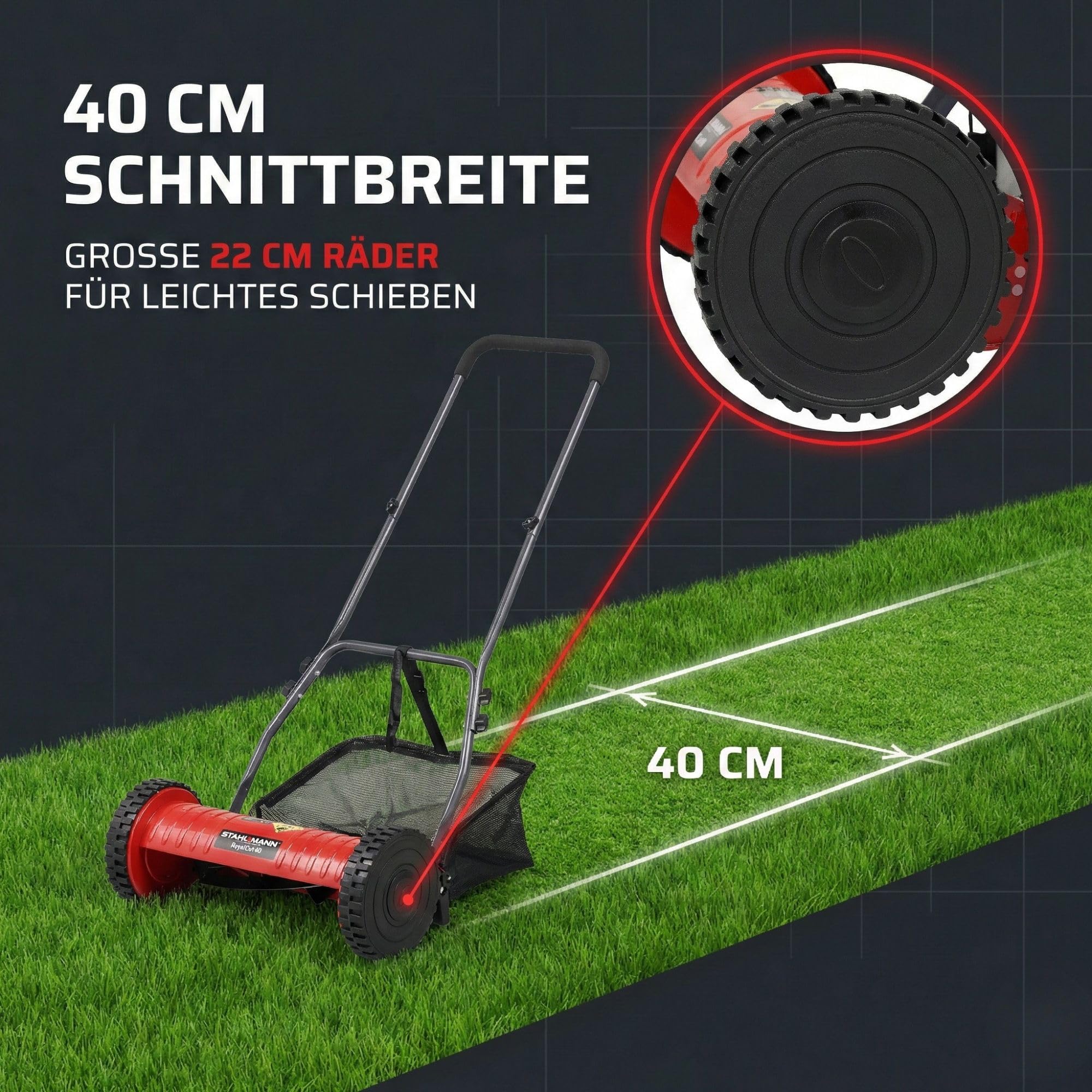 STAHLMANN Spindelmäher RoyalCut – Rasenmäher mit 40 cm Schnittbreite, 32 Liter Fangkorb, 4-stufige Schnitthöheneinstellung – Handrasenmäher manuell - leise und umweltfreundlich