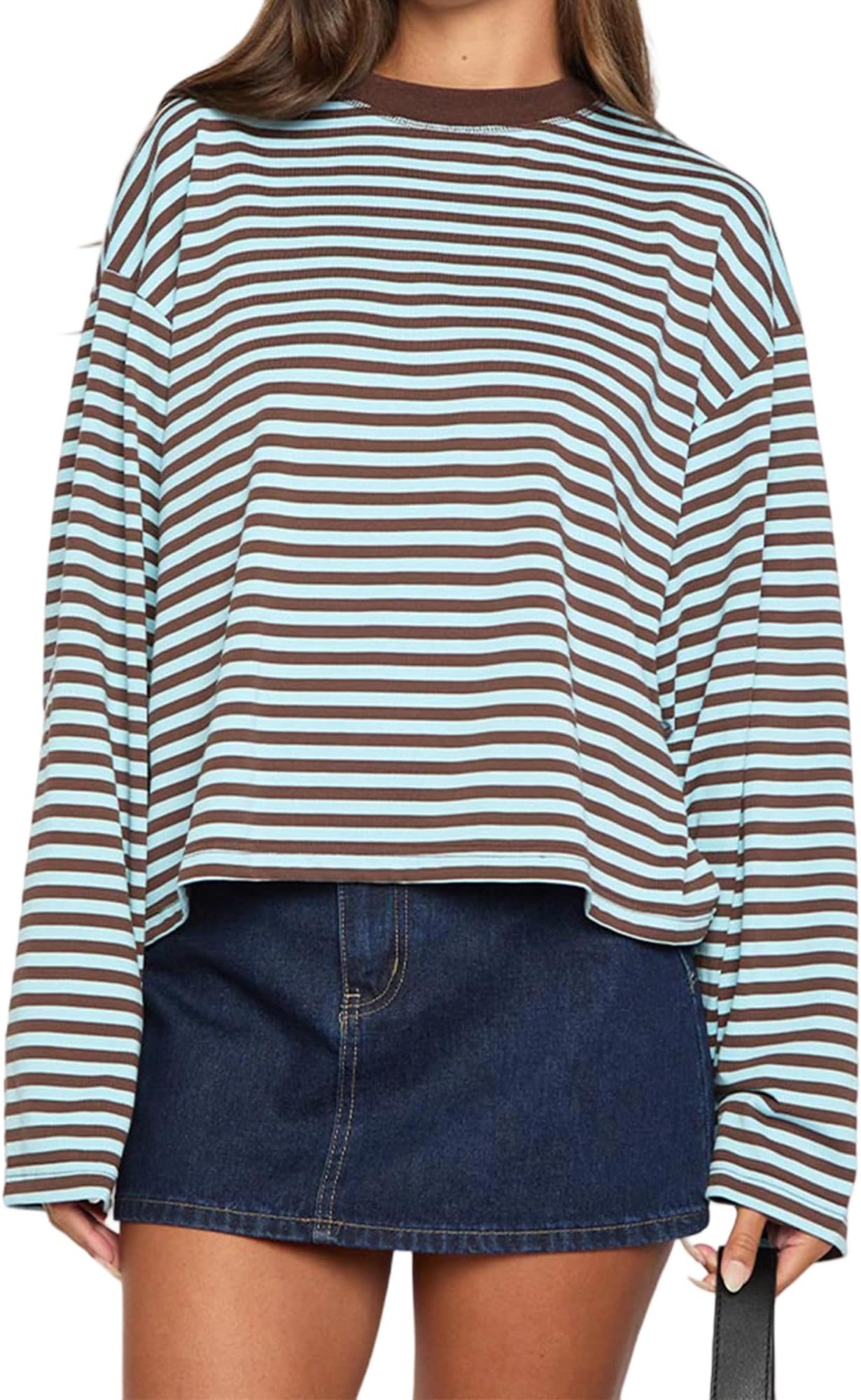 Women Y2k Striped Long Sleeve Shirt Drop Shoulder Crewneck Sweatshirt Fall Winter Fairy Grunge Preppy Pullover Tops Streetwear