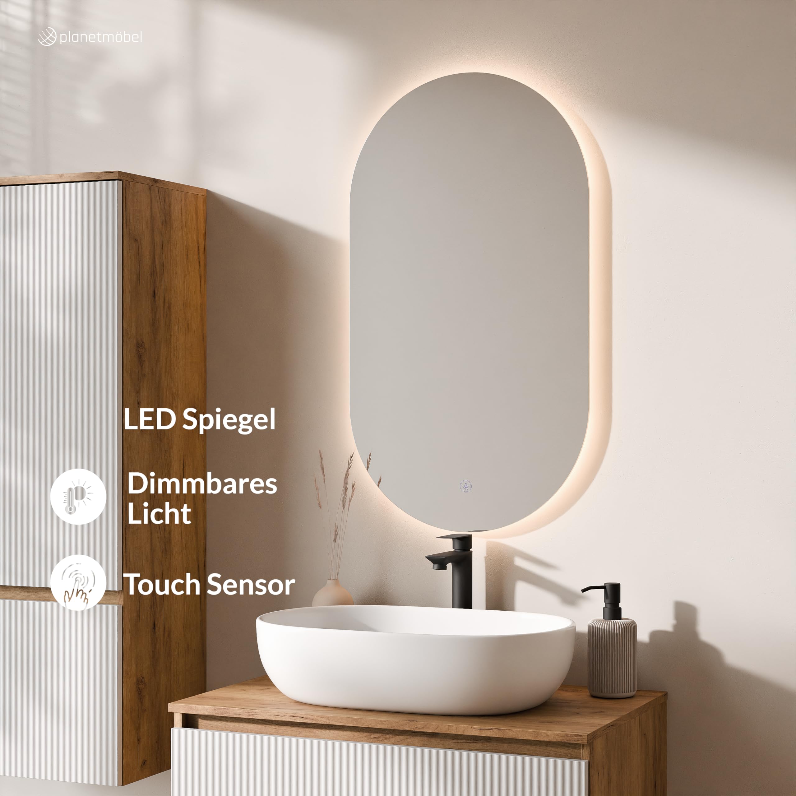 Planetmöbel Arisa - Conjunto de muebles de baño con mueble bajo, 80 cm, color roble dorado blanco (estriado) con espejo LED y mueble alto, lavabo de 60 cm, color: Blanco