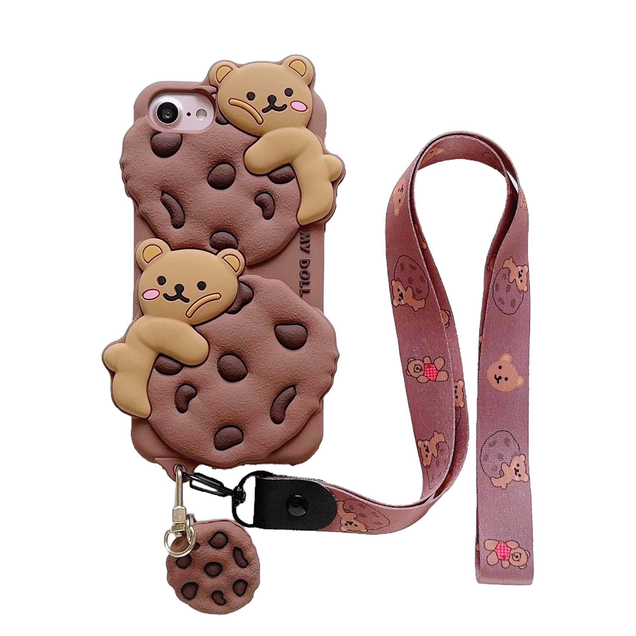 Lubiogio 3D Cute Case with Lanyard for iPhone SE 2022/2020,Cartoon Cookie Bear Character Kids Girls Women Soft Silicone Case for iPhone SE 2022/SE