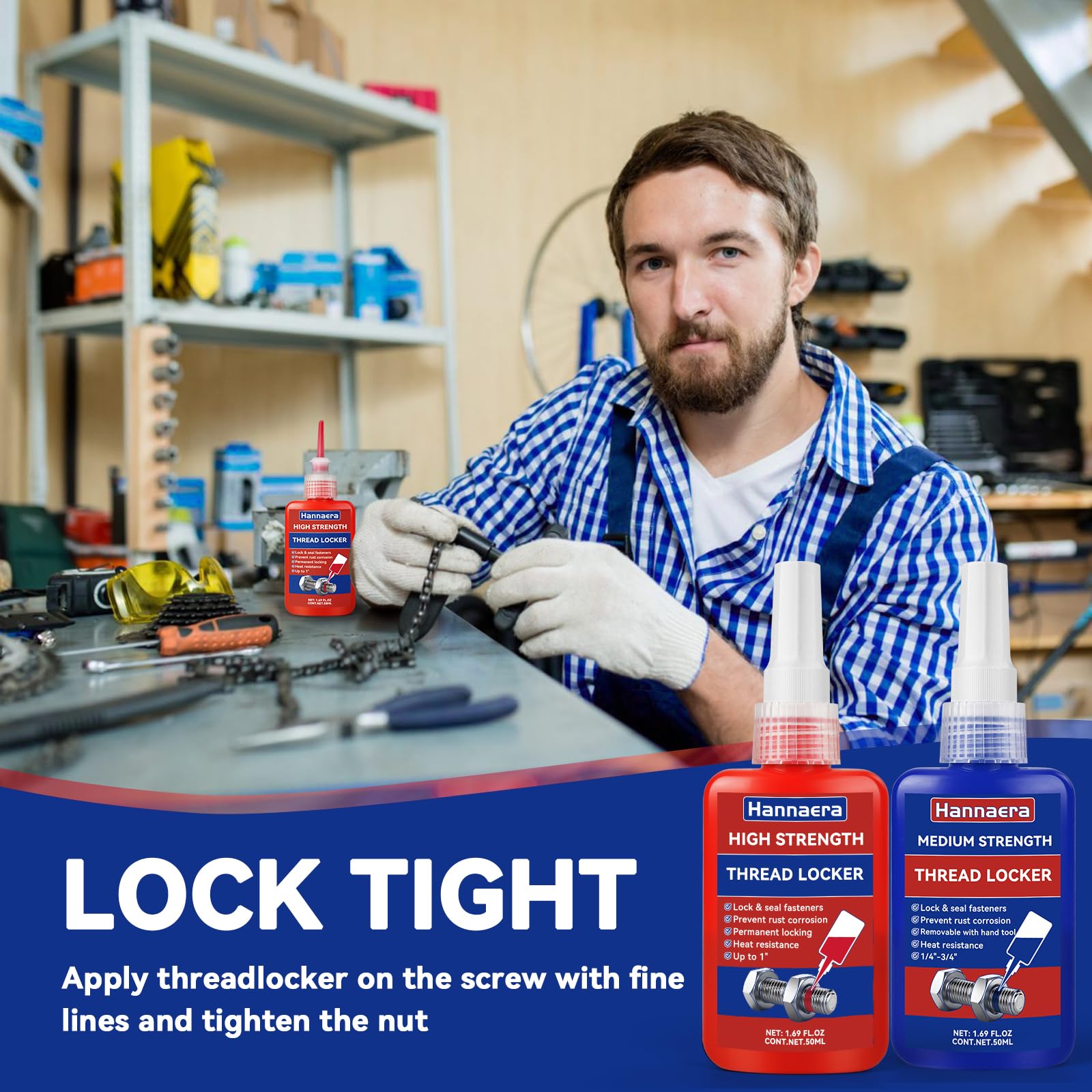 Thread Lock Blue and Red, Threadlocker Medium and High Strength, Thread Locker for Nuts, Bolts, Fasteners and Metals, Against Losening and Leakage (50 mlx2)