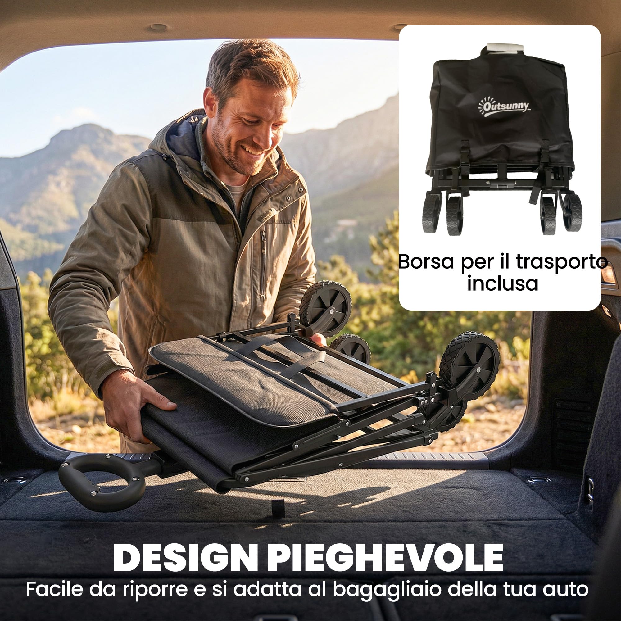 Outsunny Carrello da Giardino Pieghevole 72L con 4 Ruote, Carrello da Campeggio in Tessuto Oxford con Borsa da Trasporto e Maniglia Regolabile per Picnic, Spiaggia e Pesca, Nero