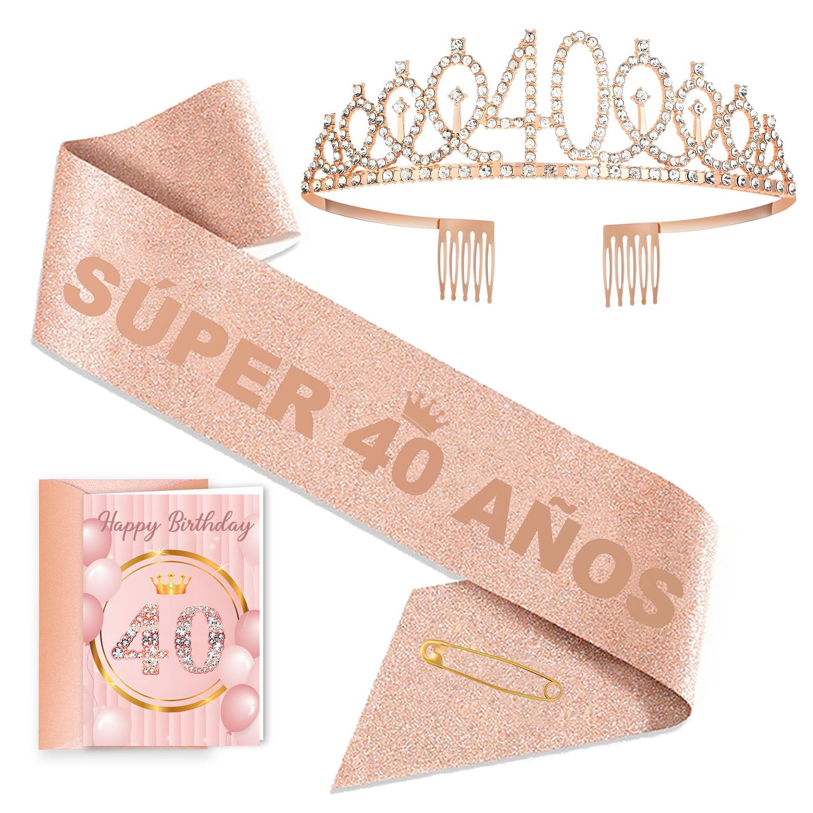 Toctax Kit Regalo Cumpleaños 40 Años Mujer, Banda Super 40 Años, Tiara 40, Tarjeta y Sobre. Ideal como Regalo y Decoración para Fiesta