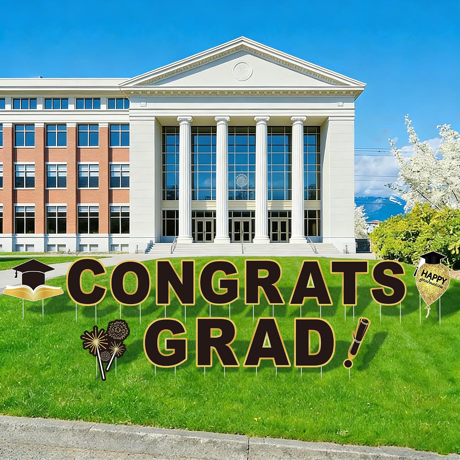 16 Pieces Congrats Grad Yard Signs 2026 Graduation Yard Sign Decoration Waterproof Lawn Decorations with 32 Stakes for Grad Party Outdoor Decor, Black Gold