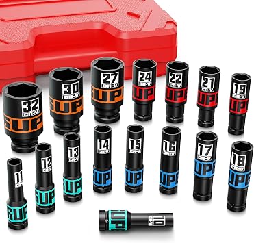 1/2" Drive Impact Socket Set, 16Pcs Deep Sockets, 10-32 mm Hex Long Socket Set, Repair Automotive Truck Tractor Engine Maintenance