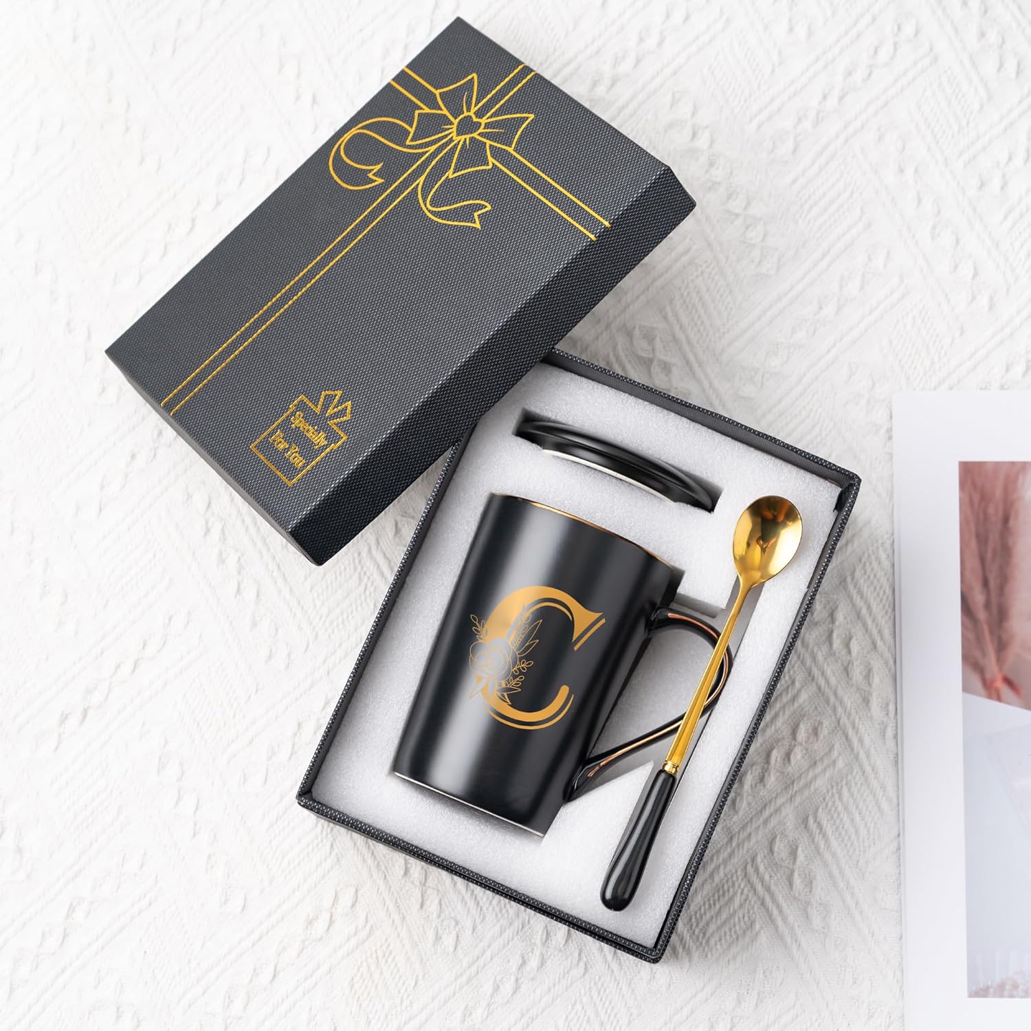 Letter C Personalized Initial Mugs with Flower, Letter C Personalized Coffee Mug, Customized Cool Letters Mugs for Women, Bridal Shower Gifts, Women's Initials Gifts Mug 14 OZ Matte Black - Image 7