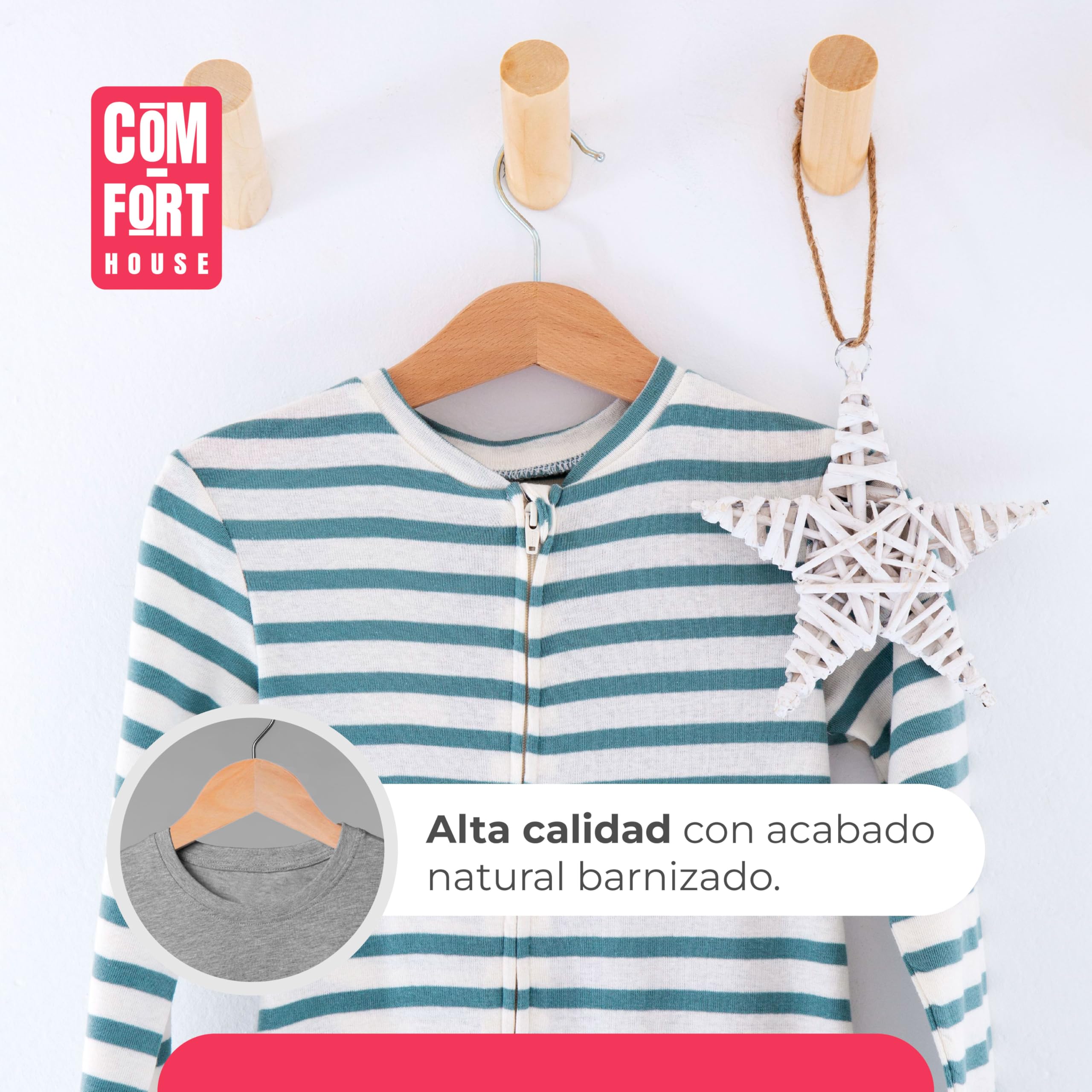 COM-FORT HOUSE – Pack 40 Perchas de Madera Natural Premium con Gancho Giratorio 360° – Resistentes y Elegantes para Armario y Vestidor – Uniformes y Duraderas