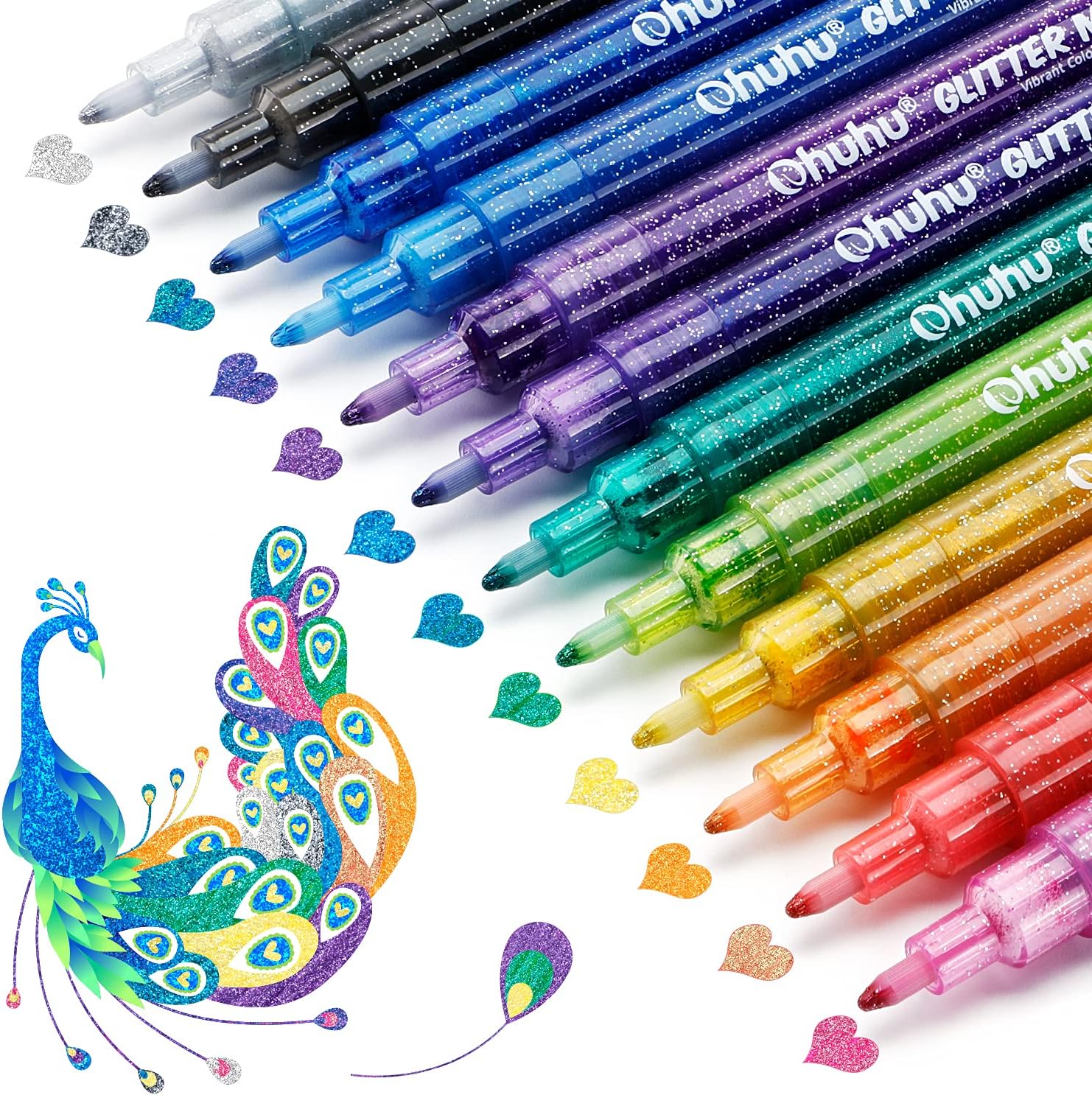 Ohuhu Glitter Markers Pen, 12 Glitter Colours Metallic Shimmer Marker - Fine Point Tip Water-based Ink for DIY Crafts Greeting Birthday Cards Making Poster Album Scrapbook Mugs Wood