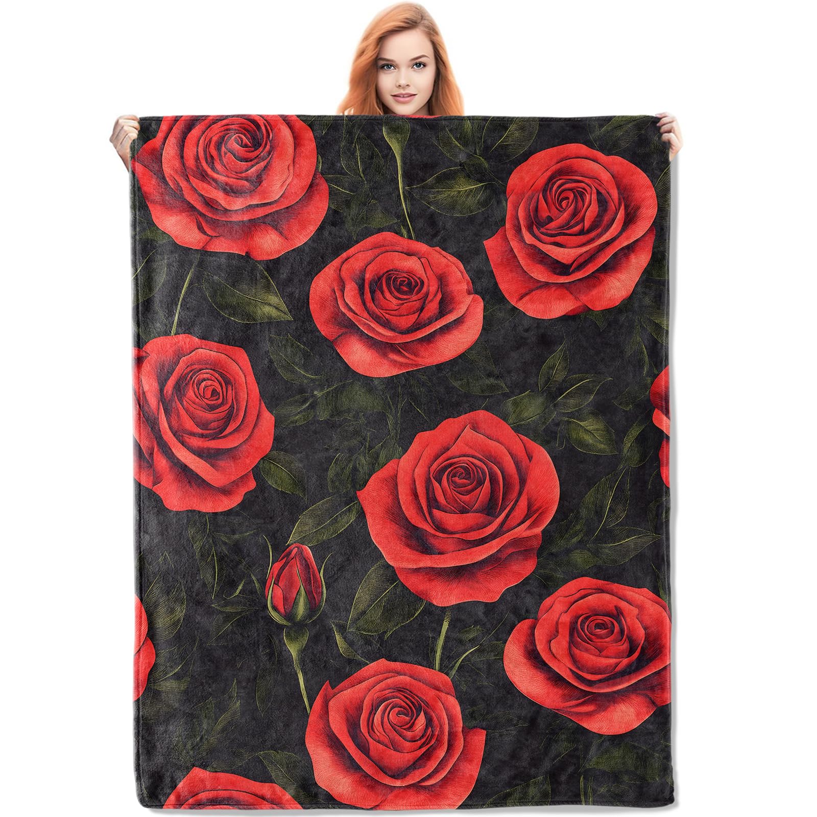 Couverture en flanelle légère motif floral roses rouges grand plaid femme