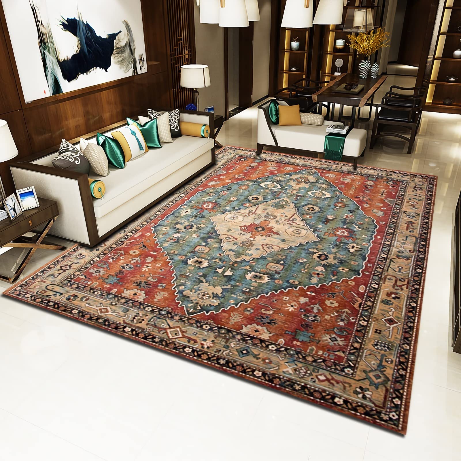 Tappeto accessori gaming room,Tappeto Antiscivolo Lavabile Rosso Marrone Blu Design Vintage tappeto per esterni,tappeto bambini cameretta lavabile 200x300cm