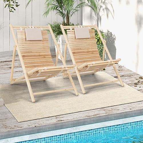 Miniatura 2 de HAPPYGRILL Silla de madera para exteriores, tumbona reclinable ajustable con 3 posiciones ajustables y reposacabezas acolchado, tumbona de madera