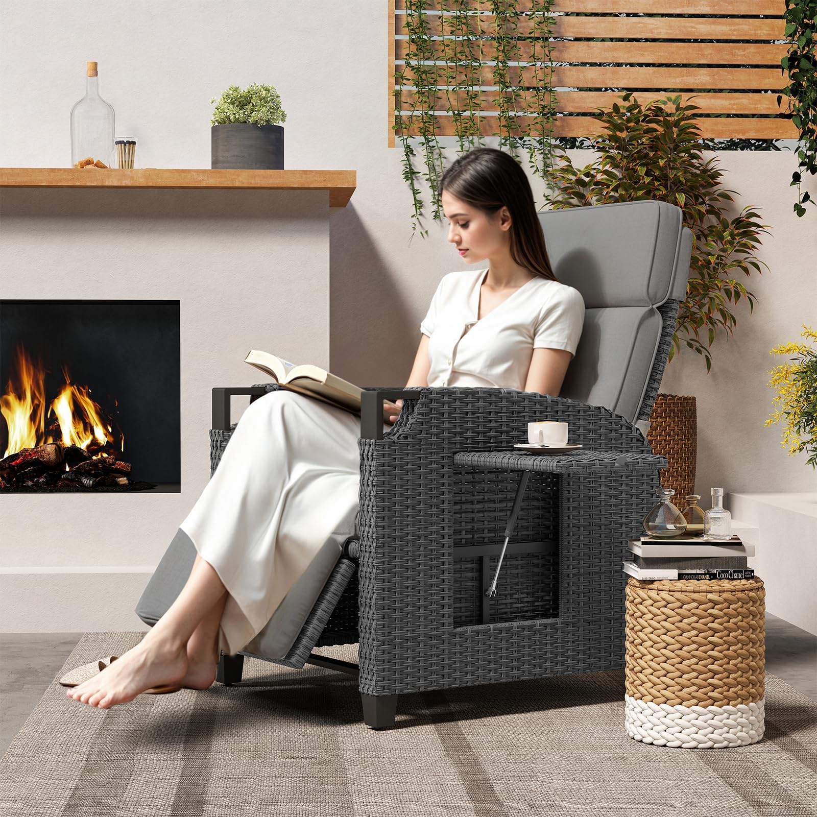 UDPATIO Sillón Ratán Jardin Exterior Reclinable, Tumbona de Jardín Ajustable 150°, con Respaldo Ajustable, Fundas + Extraíbles Cojines, Impermeable, para Interior y Exterior - Gris