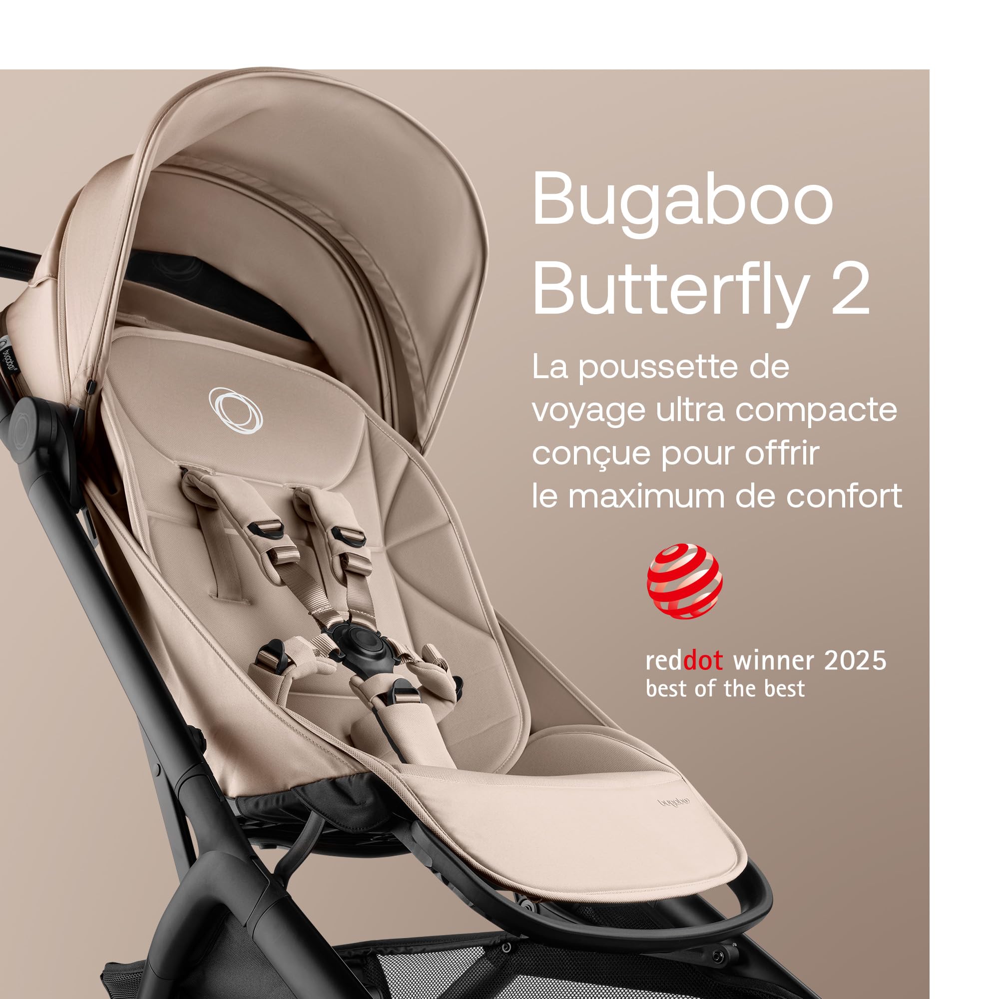 Bugaboo Butterfly 2 Poussette de voyage légère pliable dimensions cabine siège inclinable panier de stockage sangle de transport Desert Taupe