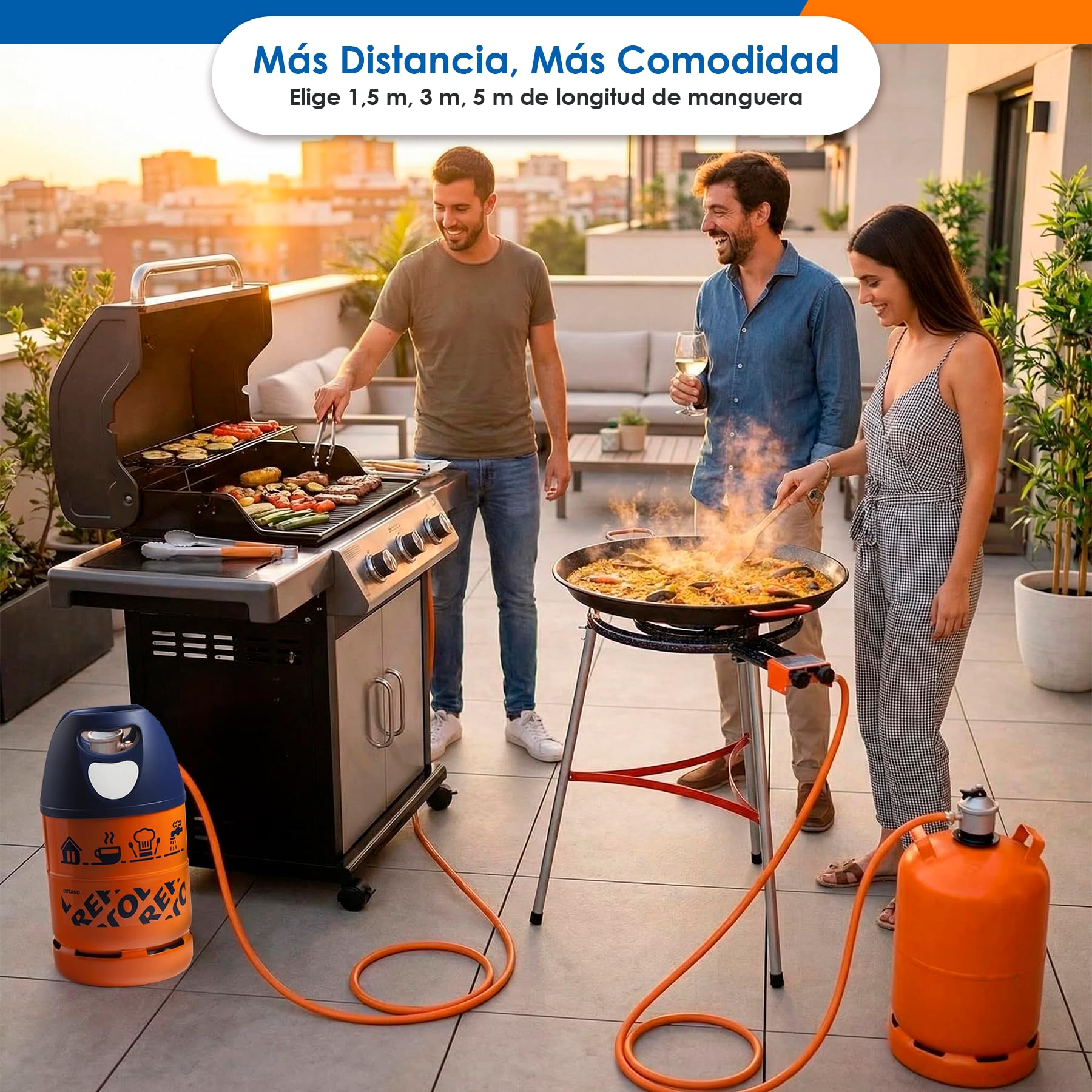 Kit Regulador Gas Butano 30 mbar Homologado + Manguera 1,5 m / 3 m / 5 m y Abrazaderas – Regulador para Bombonas de Gas en Cocinas, Camping, Hornillos, Barbacoas y Paelleros (DOBLE XXL - 3,0 m) — view 9
