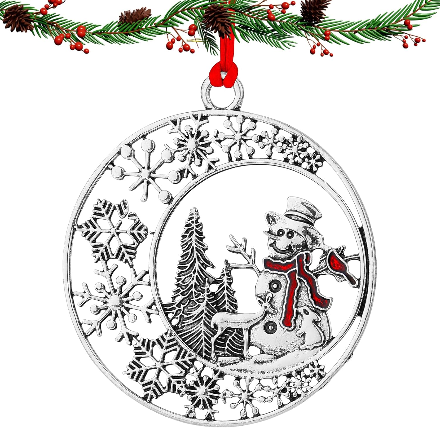 Christmas Ornaments, 2.36 Inch Round Metal Snowman Ornament, Christmas Tree Decorations