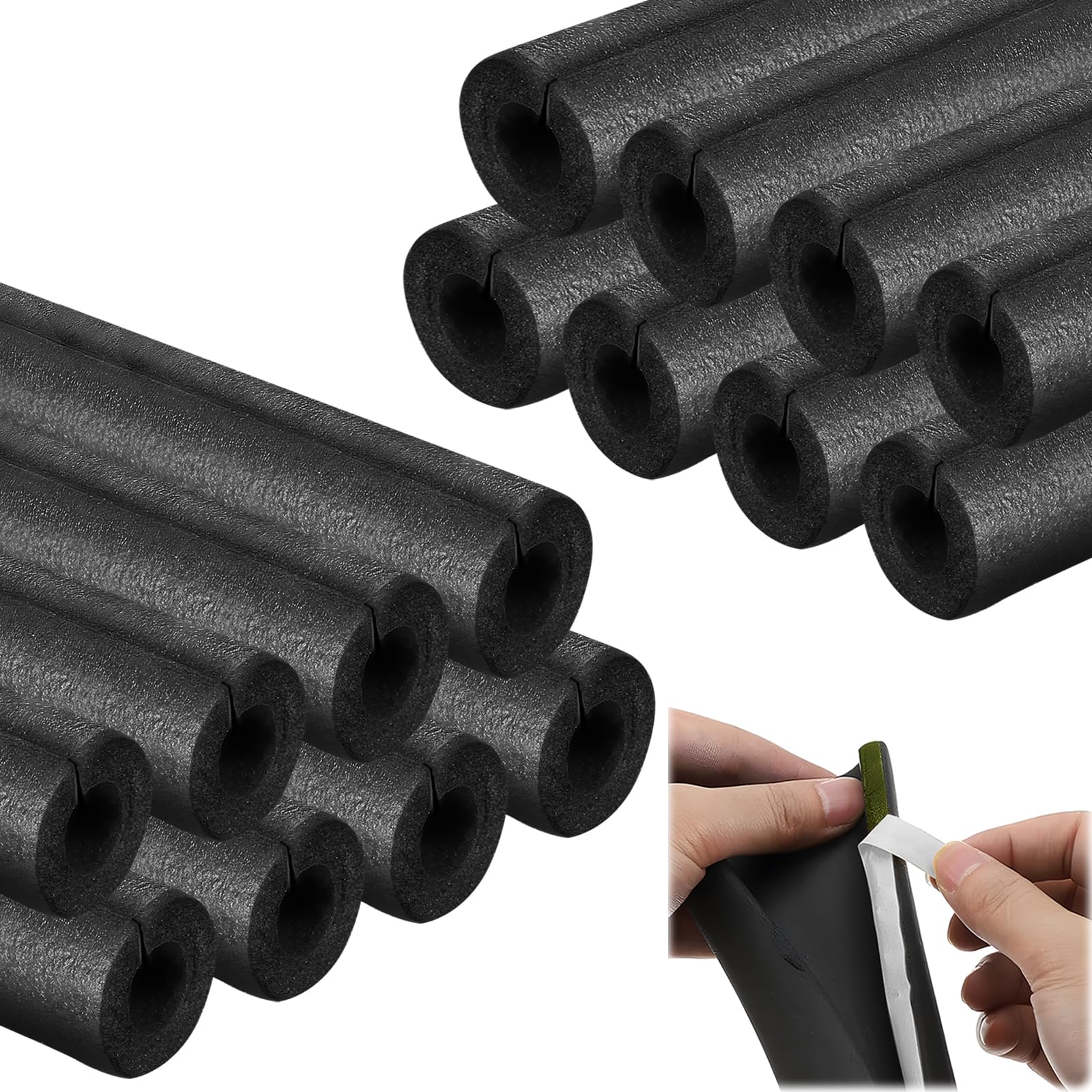 16 pack pipe insulation foam tube, 3/4'' self adhesive pre slit foam pipe covers polyethylene with double sided tape for spigot, winter outside pipes, water heater pipes freeze protection