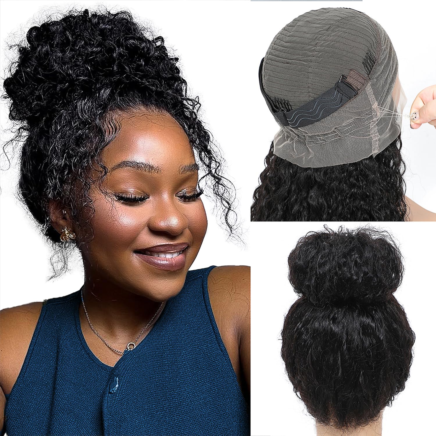 ONICE Deep Wave 360 Lace Front Wigs Human Hair With Drawstring Hidden Strap 360 Full Lace Frontal Wig For Black Women Glueless Wigs Human Hair (Curly Wig 22 Inch)