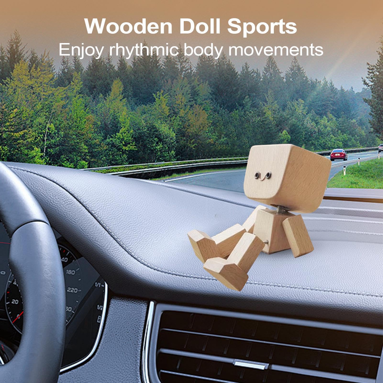 Ornamenti per auto per cruscotto, bambola in legno con base magnetica, 12 accessori intercambiabili per interni auto, per campeggio, pendolari, vacanze, viaggi su strada, lunghi viaggi