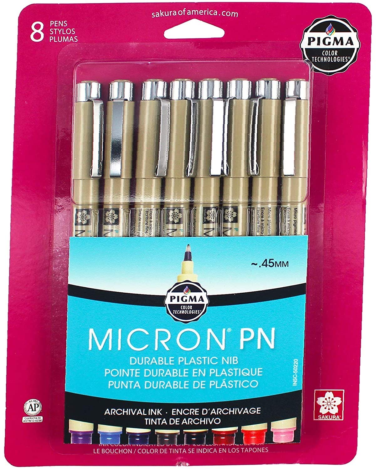 SAKURA Pigma 50220 Micron Blister Card Ink Pen Set, Ass't Colors, PN 8CT