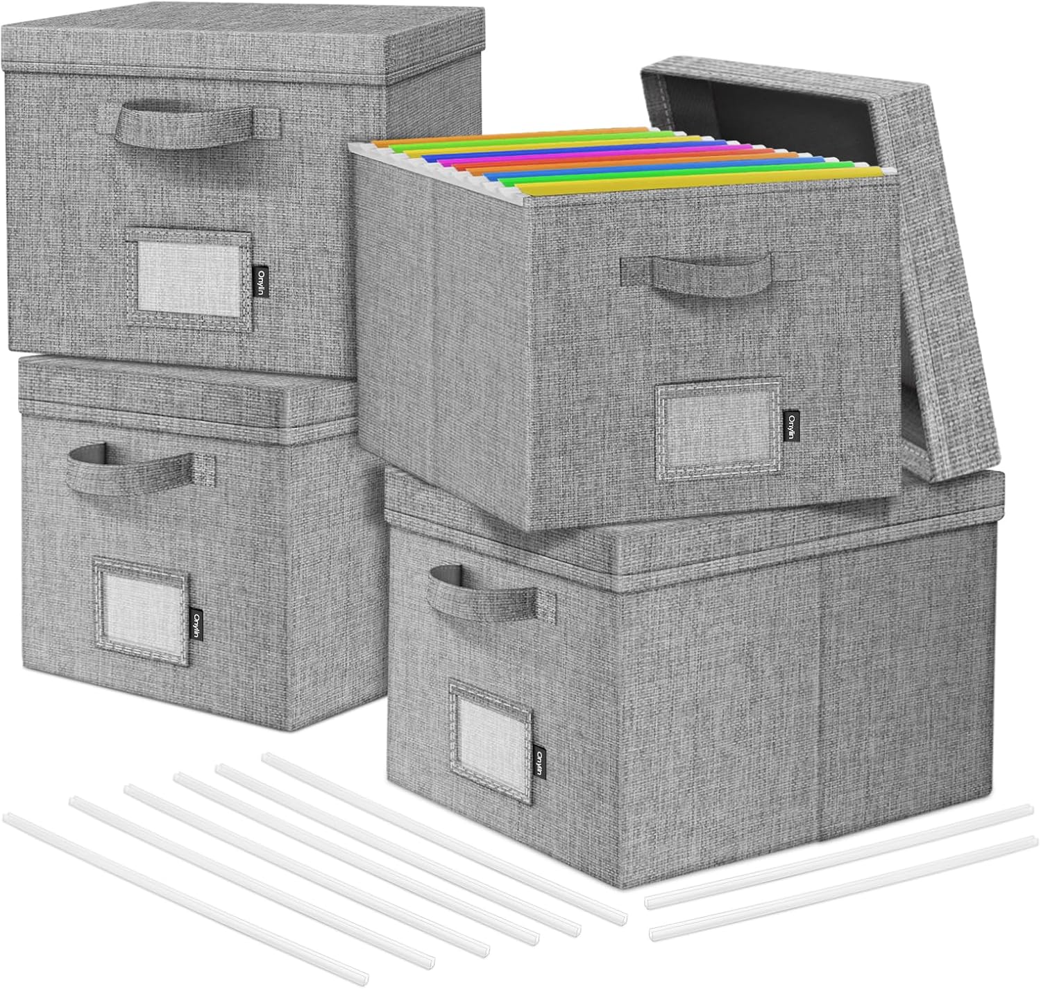File Organizer Boxes with Lid, Linen Hanging File Storage Boxes with Handle, Collapsible Document Filling Boxes for Letter/Legal Folder, Portable File Box for Office/Decor/Home (4 Pack, Gery)